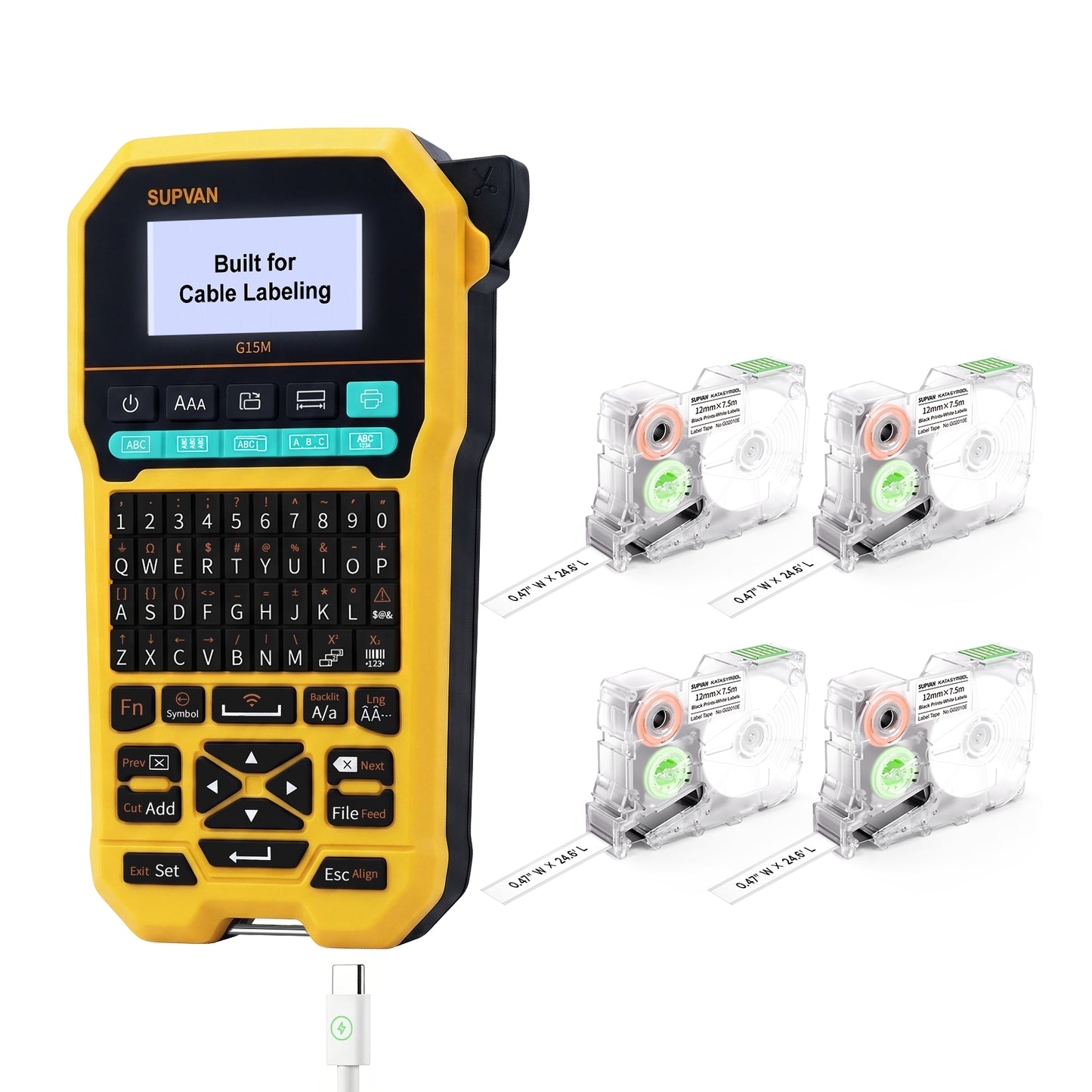 SUPVAN G15M Keyboard & Bluetooth Label Maker Machine with 4 Continuous Tape | Heat Shrink & Multi-Labels, Rechargeable, Minimal Margin, 3 Cable Keys, LCD Backlit,Thermal Transfer, Industrial & Office ID