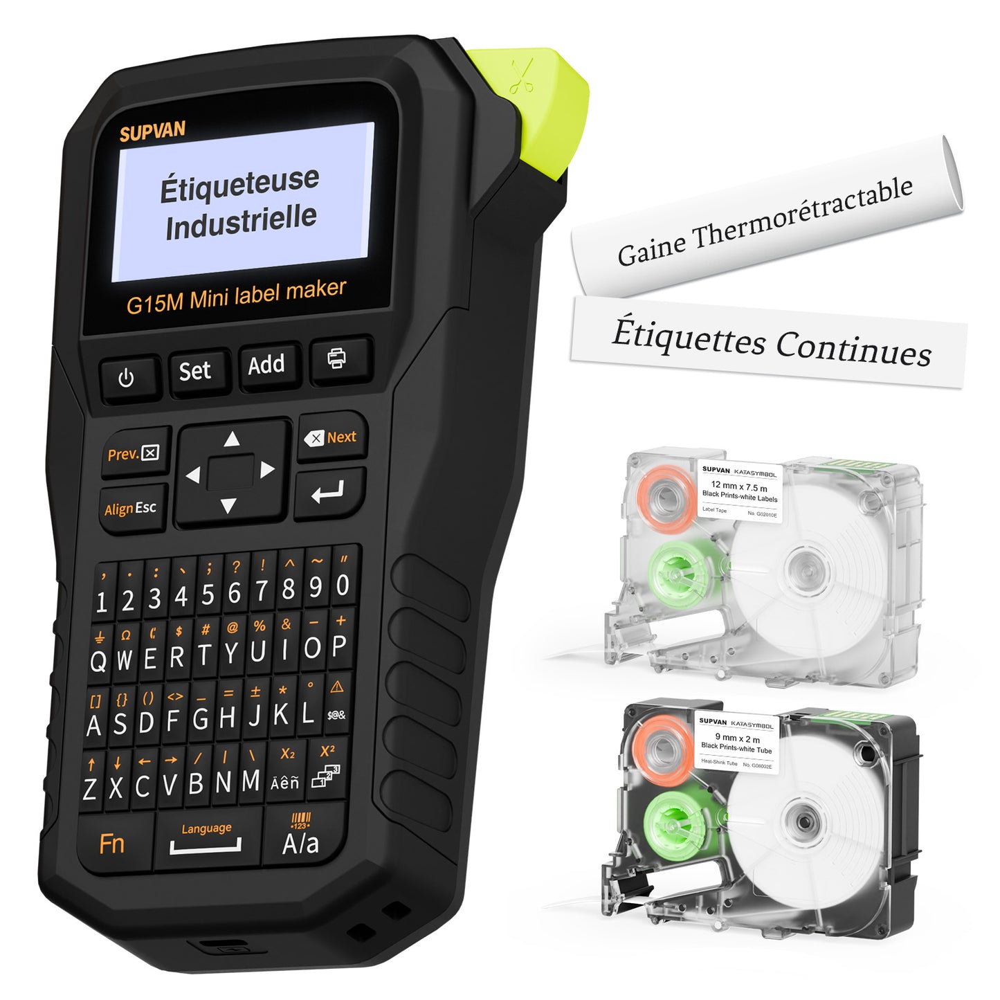 SUPVAN G15M Mini Étiqueteuse Industrielle Portable Rechargeable, inclut Étiquettes Blanches et la Gaine Thermorétractable, Résistante aux UV, pour l'extérieur, l'industrie, l'électricien et l'usine