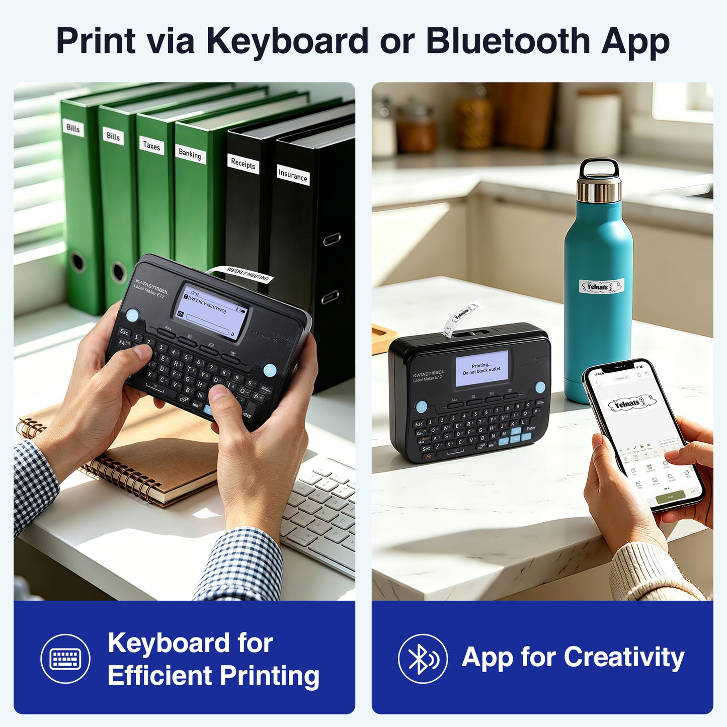 SUPVAN E12 Bluetooth Label Maker Machine with 4 Tapes, Support Keyboard & App with 30+ Fonts and 660+ Icons, Rechargeable Inkless Labeler for Office, Home, Kitchen, School, Organization, Black