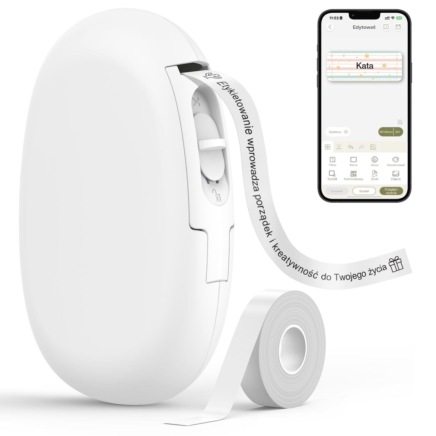 SUPVAN E10 Label Printer with Labels, Self Adhesive Label Printer, Smart Apps 40+ Fonts, 150+ Templates and 700+ Icons, Prints Custom Labels, White