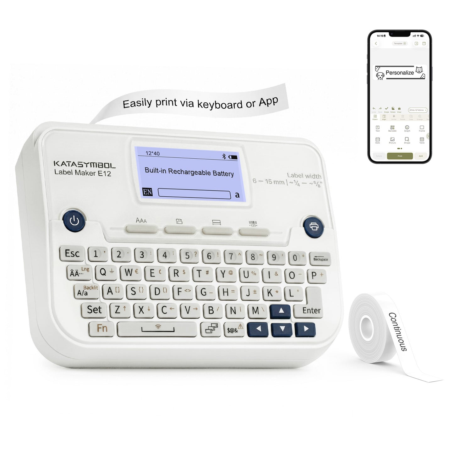 SUPVAN E12 Bluetooth Label Maker Machine with Tape, Support Keyboard & App with 30+ Fonts and 660+ Icons, Rechargeable Inkless Labeler for Office, Home, Kitchen, School, Organization, White