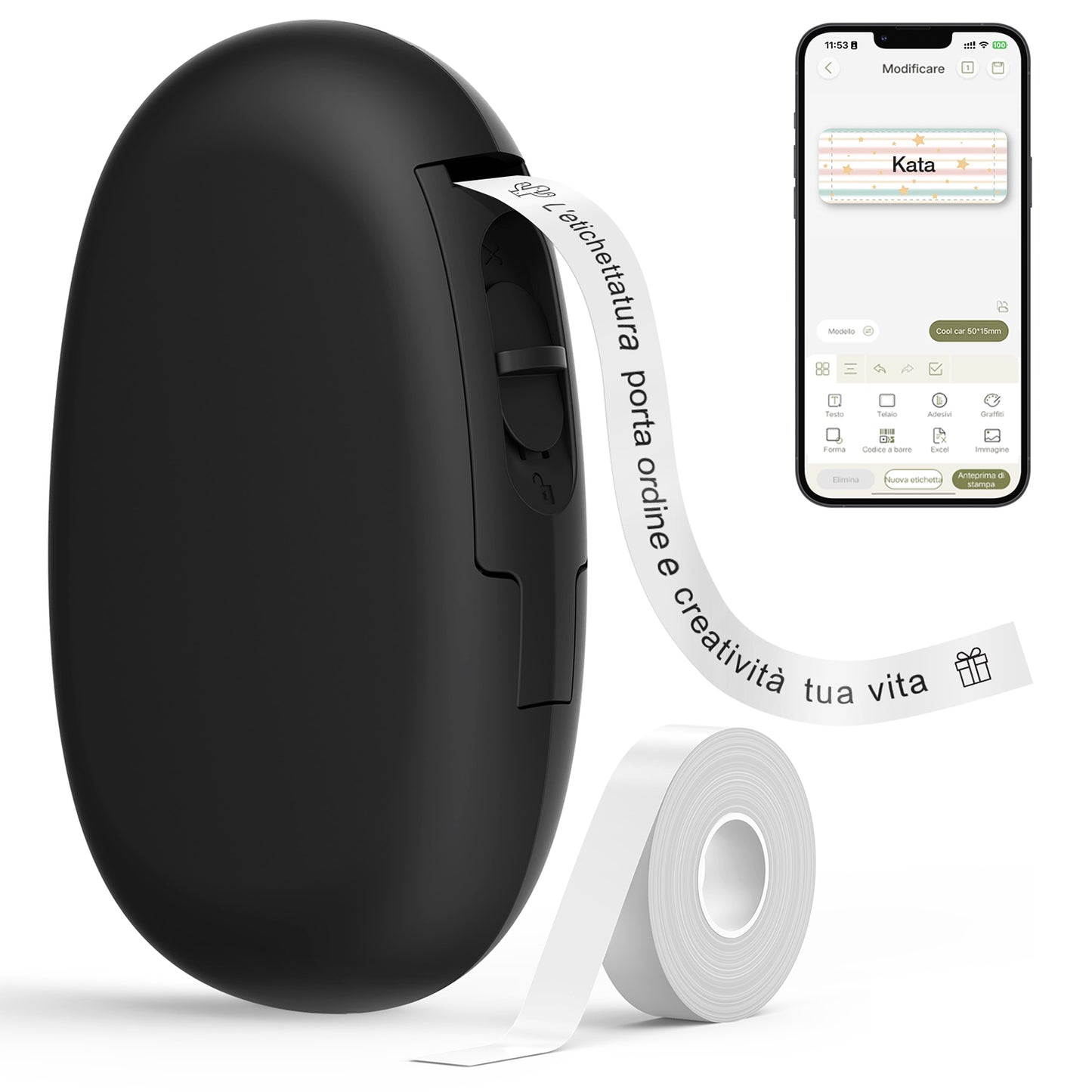 SUPVAN E10 Mini Etichettatrice Bluetooth, Etichette Adesive Impermeabili, App con 40+ Caratteri e 600+ Icone, Stampante Etichette Adesive per Casa, Cucina, Scuola, Ufficio, Nero