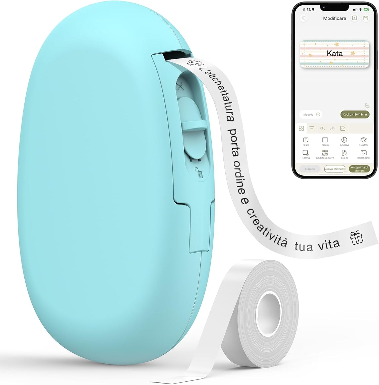 SUPVAN Stampante di Etichette - E10 Bluetooth Portatile Etichettatrice per iOS & Android, Etichettatrice Etichette Adesive con 1 Rotolo di Etichette, Cyan