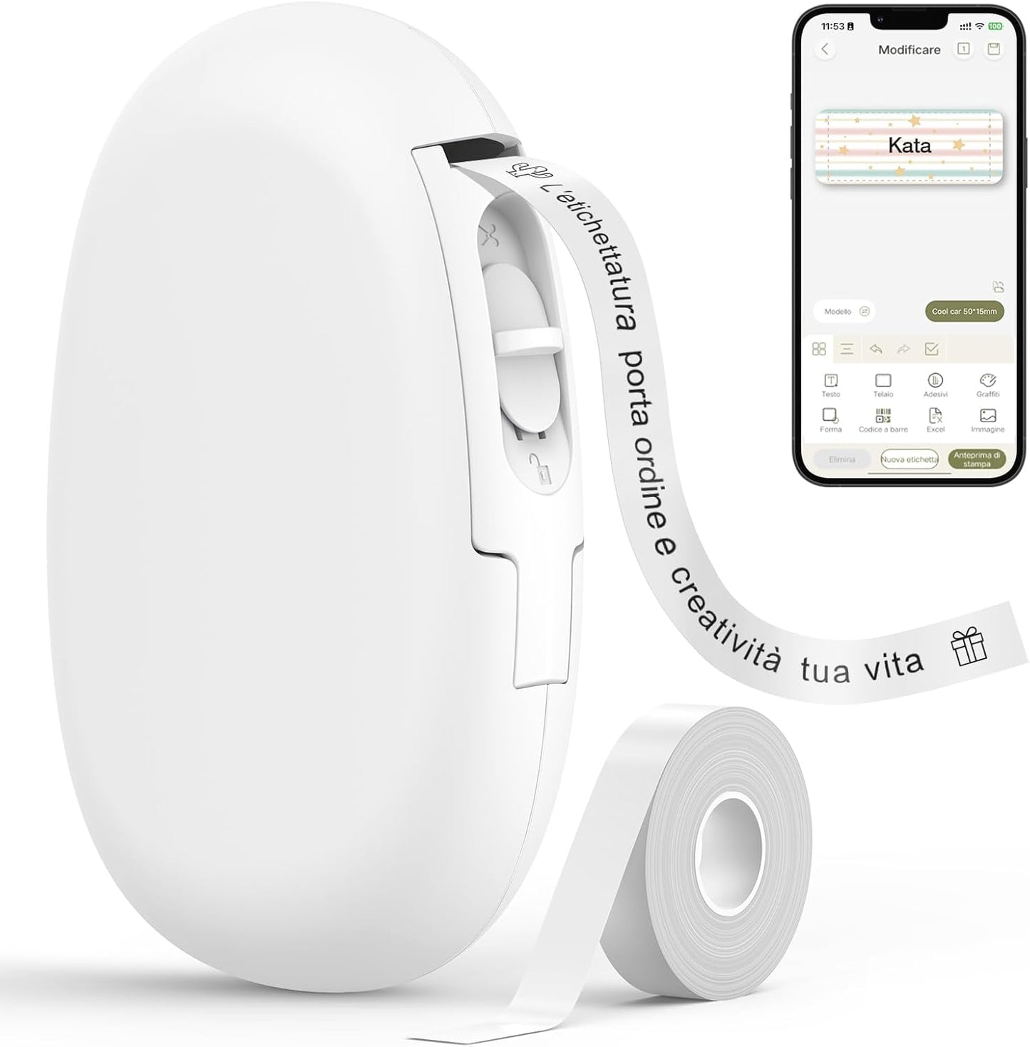 SUPVAN Stampante di Etichette - E10 Bluetooth Portatile Etichettatrice per iOS & Android, Etichettatrice Etichette Adesive con 1 Rotolo di Etichette, Bianco