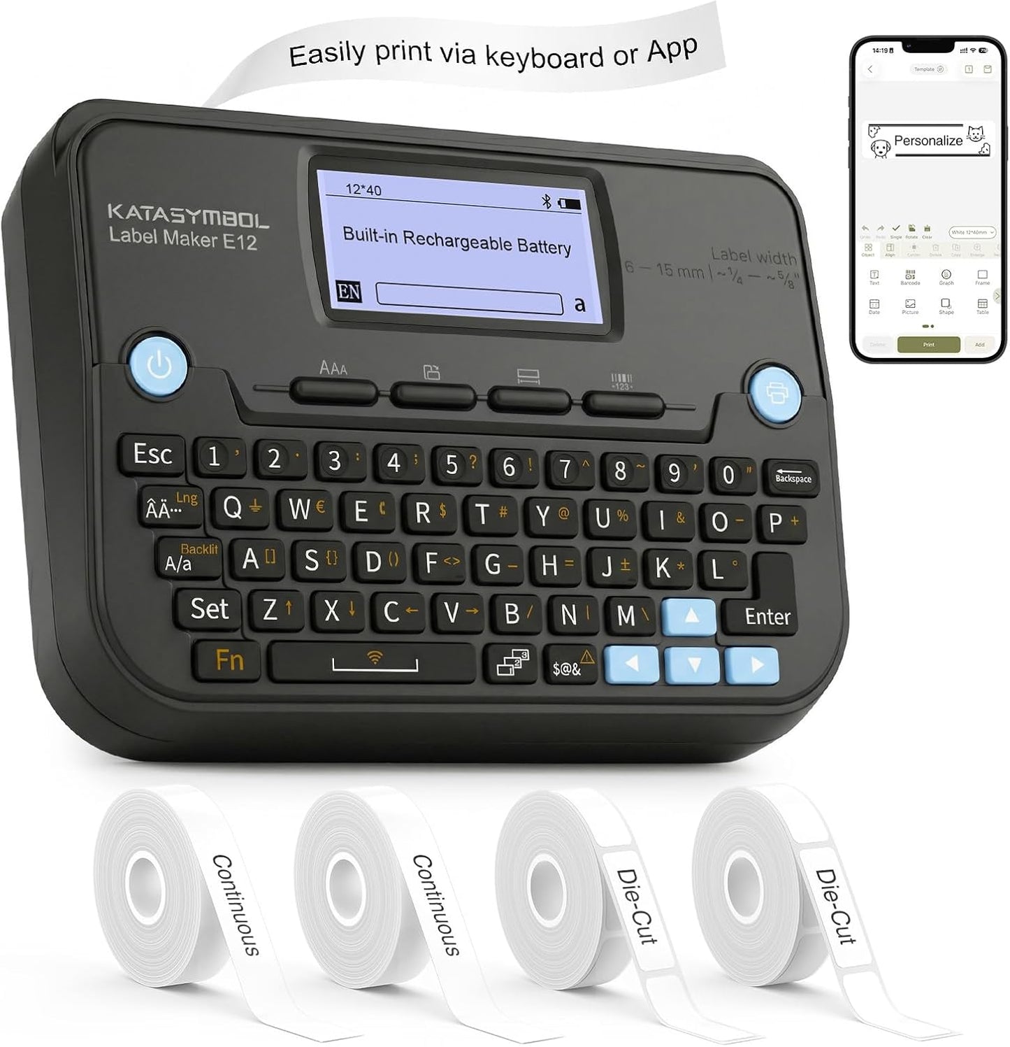 SUPVAN E12 Bluetooth Label Maker Machine with 4 Tapes, Support Keyboard & App with 30+ Fonts and 660+ Icons, Rechargeable Inkless Labeler for Office, Home, Kitchen, School, Organization, White