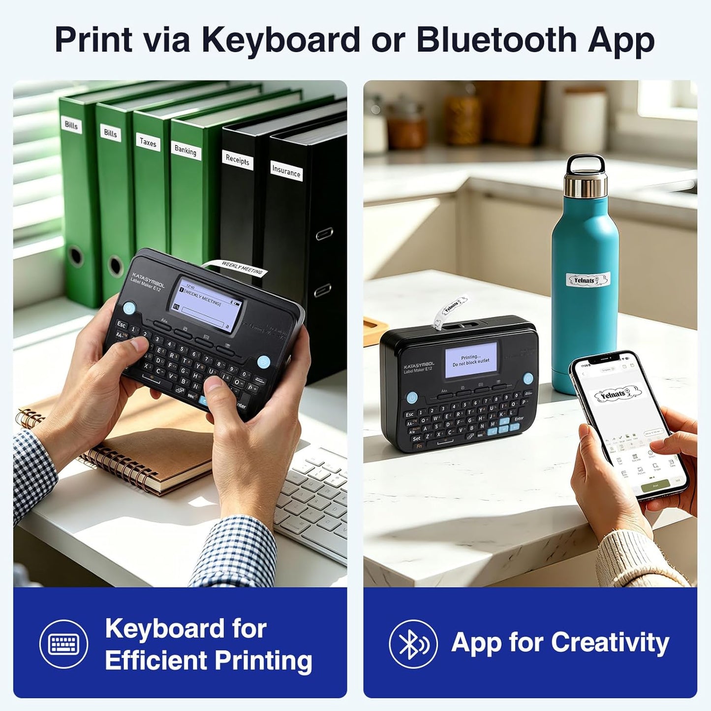 SUPVAN E12 Bluetooth Label Maker Machine with 4 Tapes, Support Keyboard & App with 30+ Fonts and 660+ Icons, Rechargeable Inkless Labeler for Office, Home, Kitchen, School, Organization, White