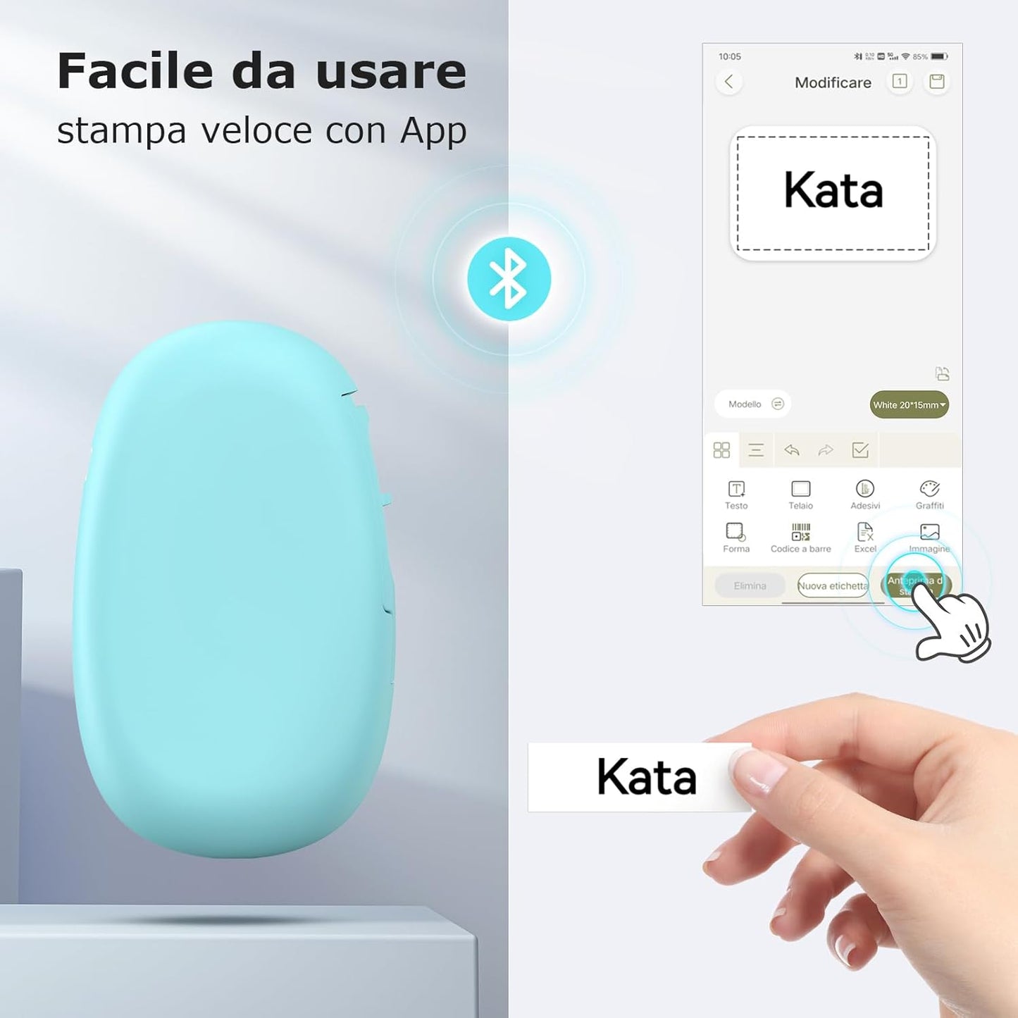 SUPVAN Stampante di Etichette - E10 Bluetooth Portatile Etichettatrice per iOS & Android, Etichettatrice Etichette Adesive con 1 Rotolo di Etichette, Cyan