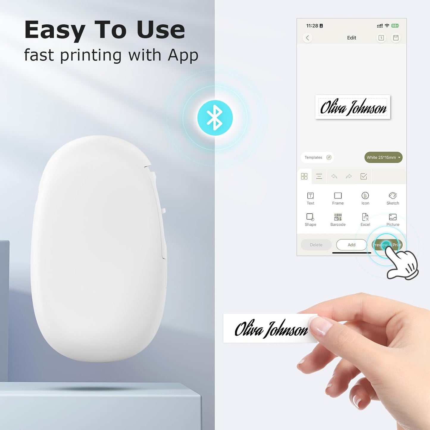 SUPVAN E10 Bluetooth Label Maker Machine with Tape, Continuous Waterproof Label, Versatile App with 30+ Fonts and 660+ Icons, Inkless Labeler for Home, Kitchen, School, Office Organization, White