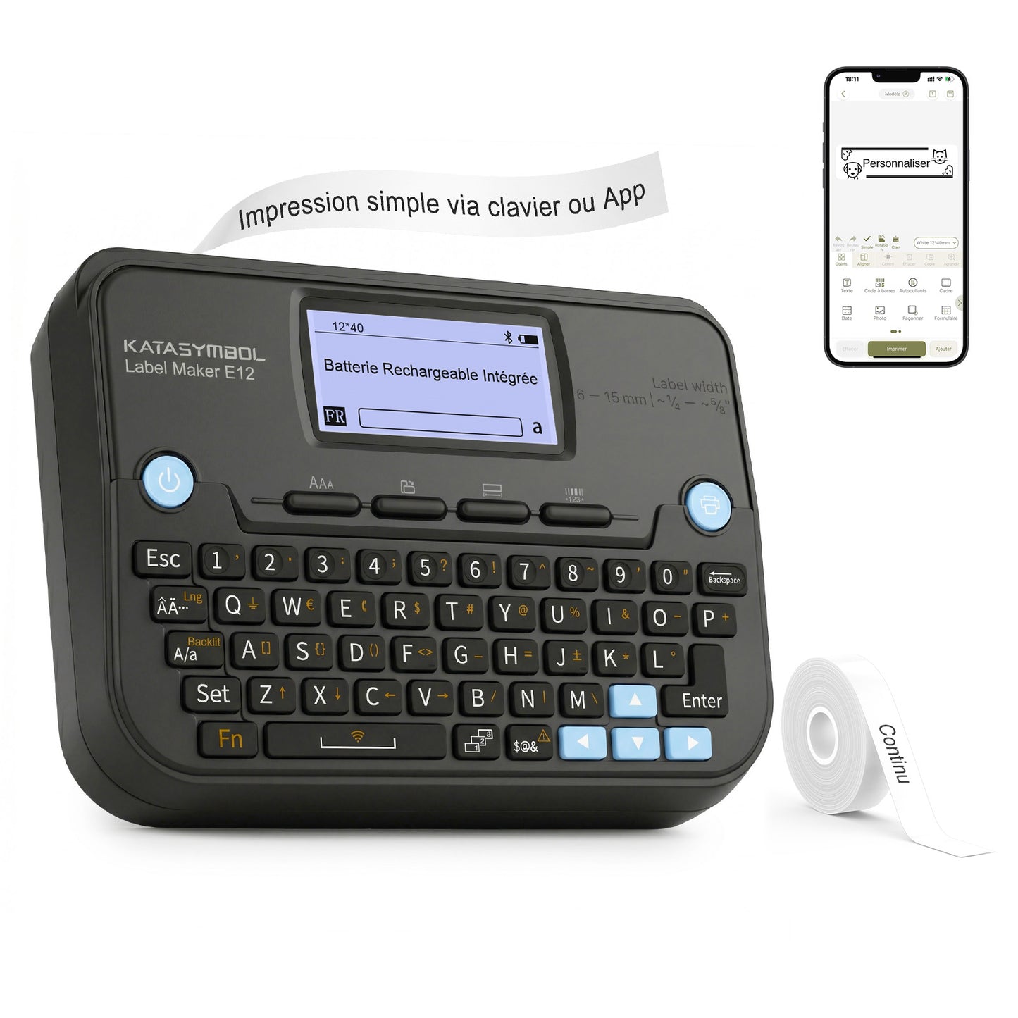 SUPVAN E12 Etiqueteuse,avec Clavier QWERTY, Écran Graphique Rétroéclairé, pour la Maison, Le Bureau et l'école, Noir