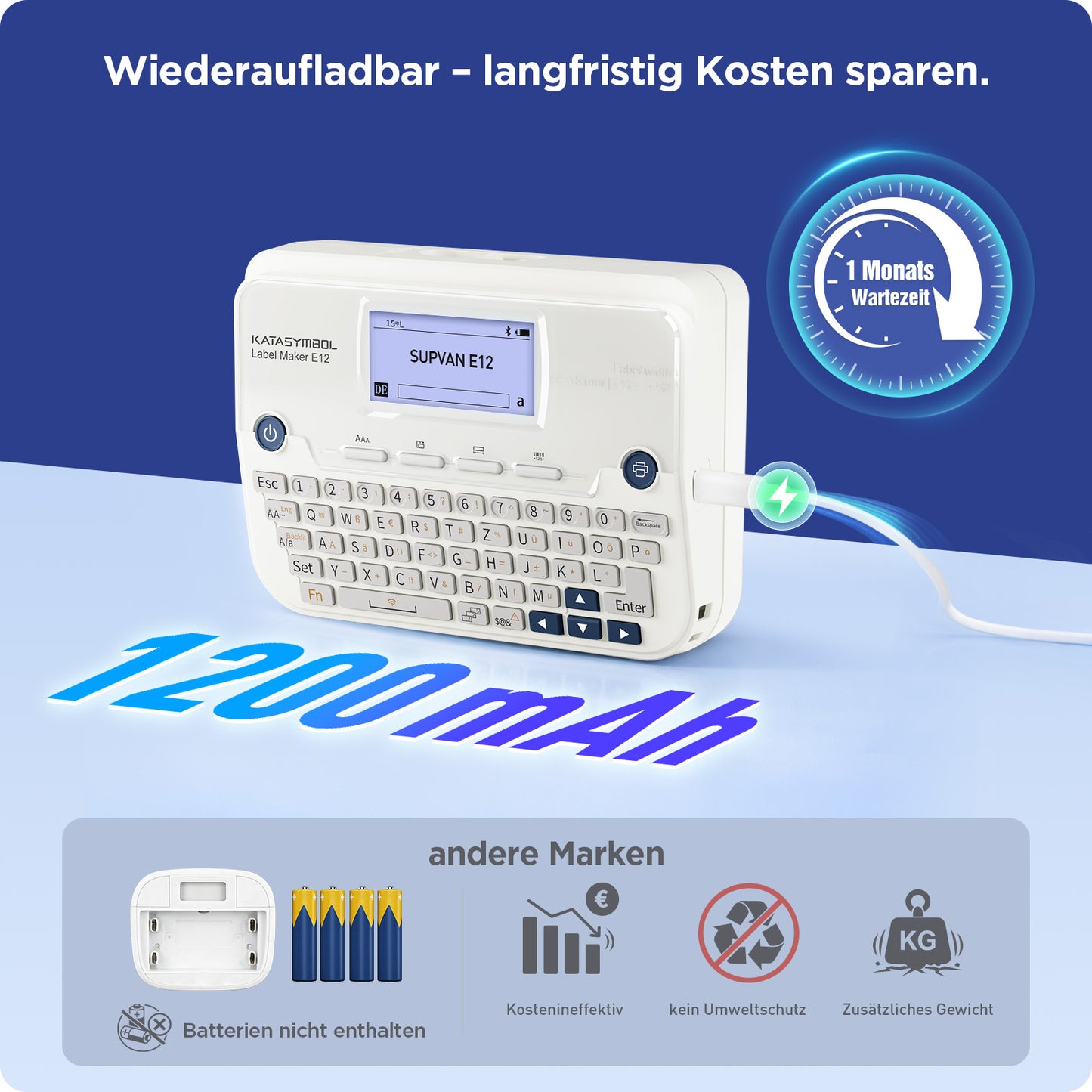 SUPVAN E12 Etikettendrucker, mit QWERTZ Tastatur und Beleuchtetem Grafikdisplay, 4 Rollen Wasserfester Etiketten Selbstklebend für Büro, Schule & Zuhause, Weiß