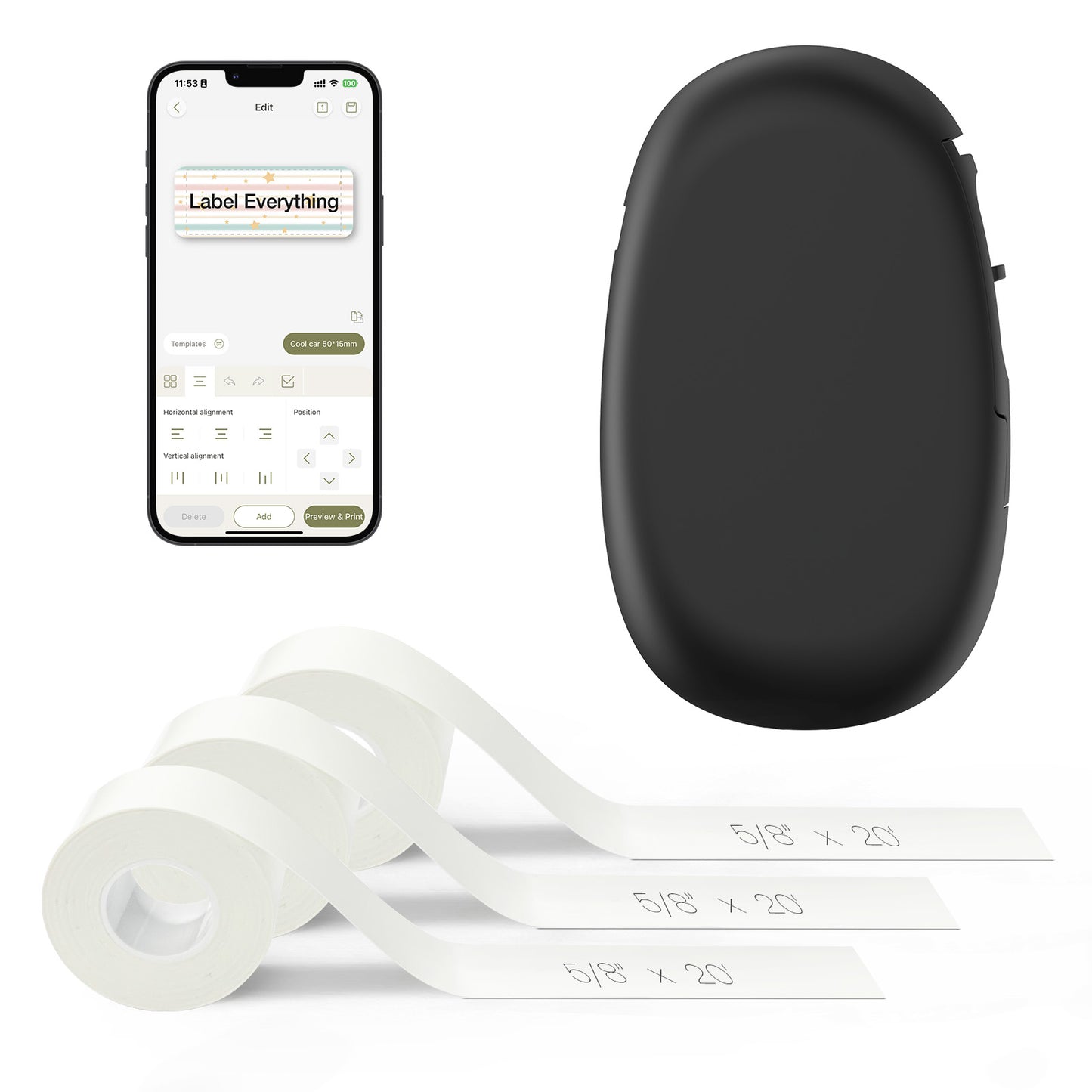 SUPVAN E10 Etikettendrucker Value Pack inkl. 3 Rollen wasserfeste Endlos-Etiketten (15 mm × 6 m/Rolle), schwarz