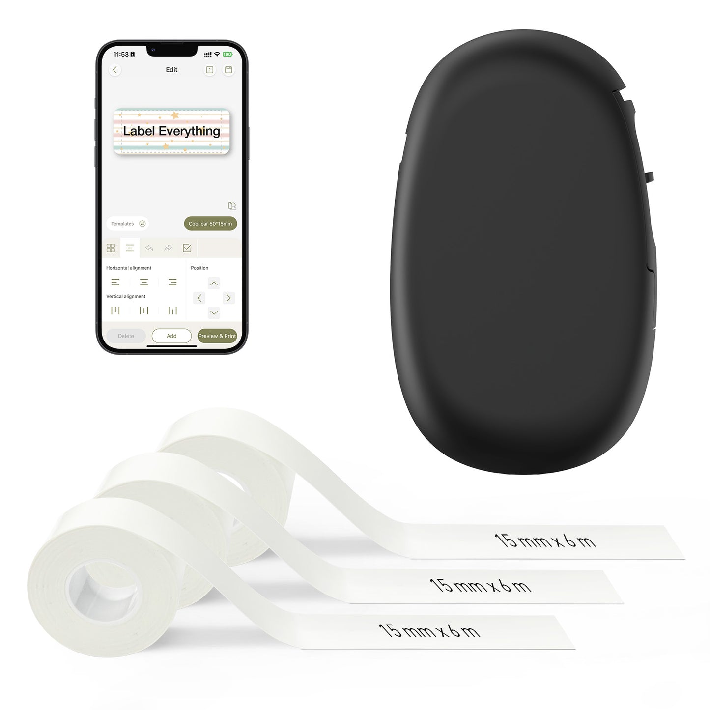 SUPVAN E10 Mini Etichettatrice Bluetooth con 3 Nastri, Etichette Adesive Impermeabili, App con 40+ Caratteri e 600+ Icone, Stampante Etichette Adesive per Casa, Cucina, Scuola, Ufficio, Nero
