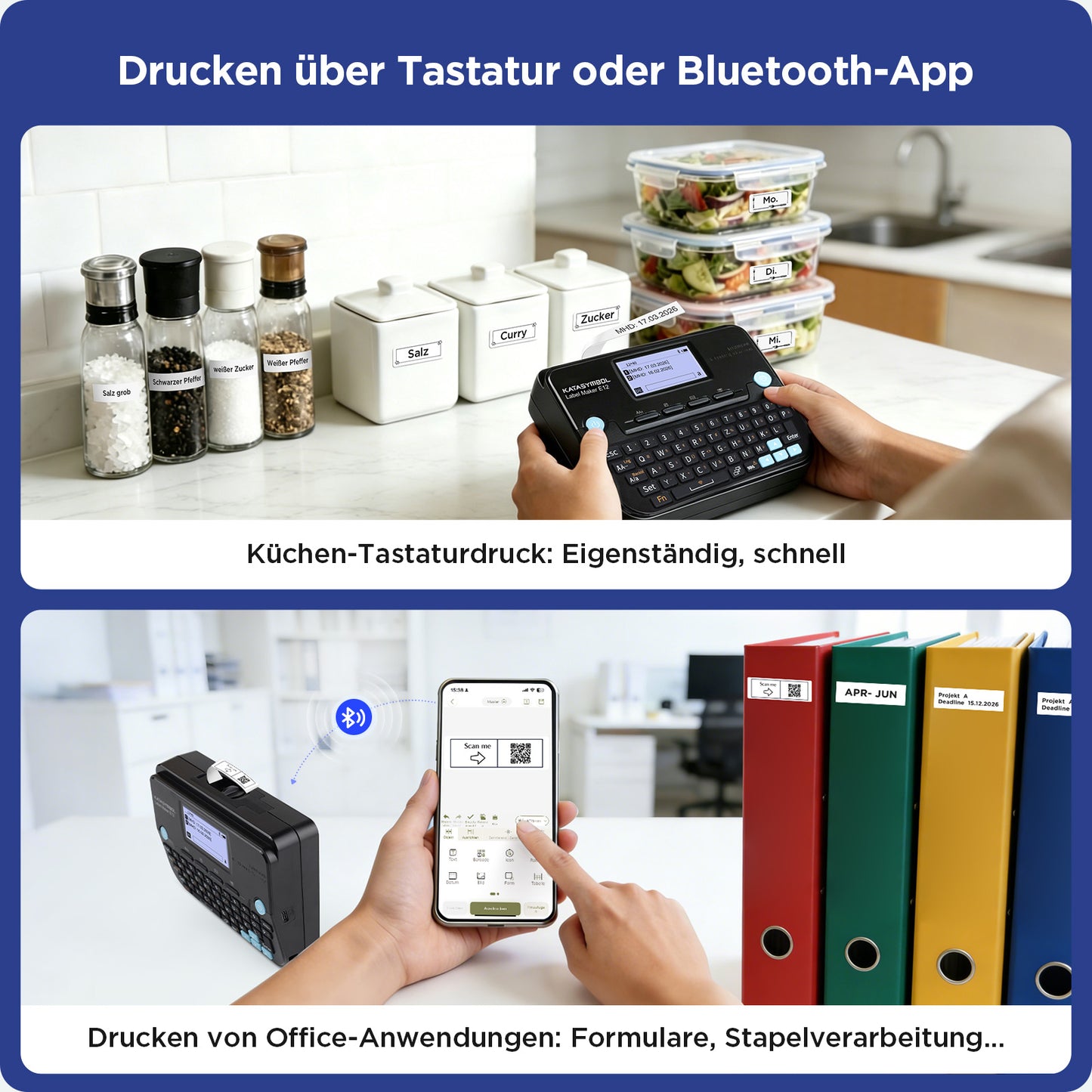 SUPVAN E12 Etikettendrucker, mit QWERTZ Tastatur und Beleuchtetem Grafikdisplay, 4 Rollen Wasserfester Etiketten Selbstklebend für Büro, Schule & Zuhause, Schwarz