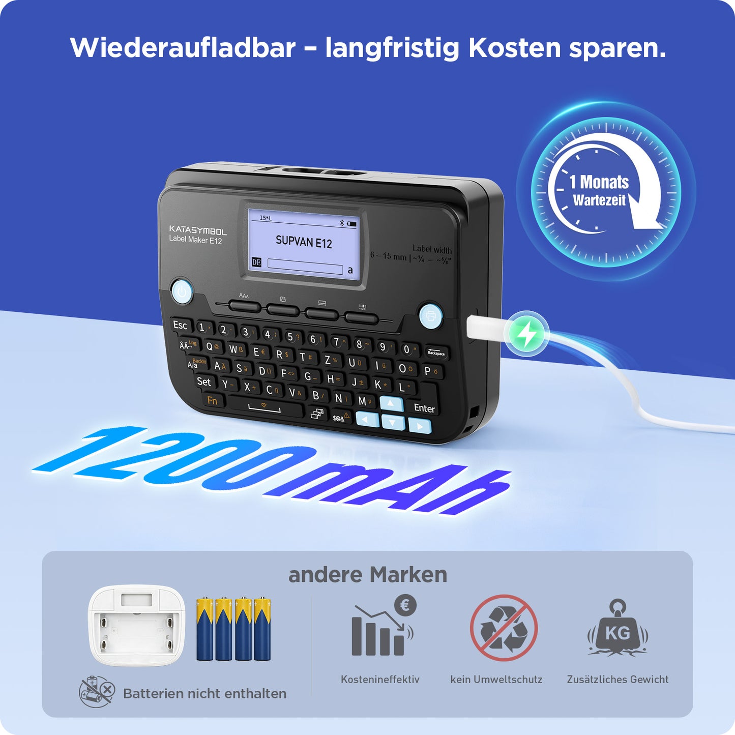 SUPVAN E12 Etikettendrucker, mit QWERTZ Tastatur und Beleuchtetem Grafikdisplay, 4 Rollen Wasserfester Etiketten Selbstklebend für Büro, Schule & Zuhause, Schwarz