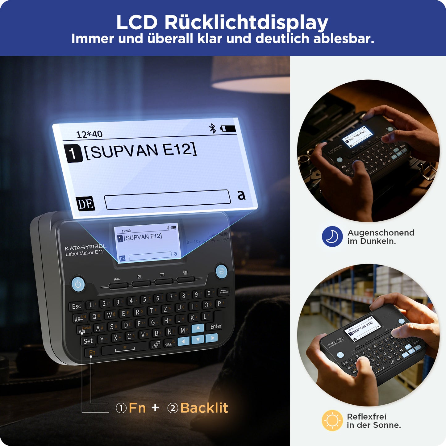 SUPVAN E12 Etikettendrucker, mit QWERTZ Tastatur und Beleuchtetem Grafikdisplay, 4 Rollen Wasserfester Etiketten Selbstklebend für Büro, Schule & Zuhause, Schwarz