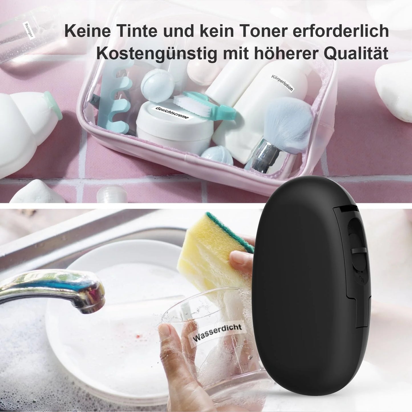 SUPVAN E10 Etikettendrucker mit wasserdichte Etiketten selbstklebend (15 mm x 6 m), tragbares Etikettiergerät Bluetooth geeignet für das Home-School-Büro, schwarz