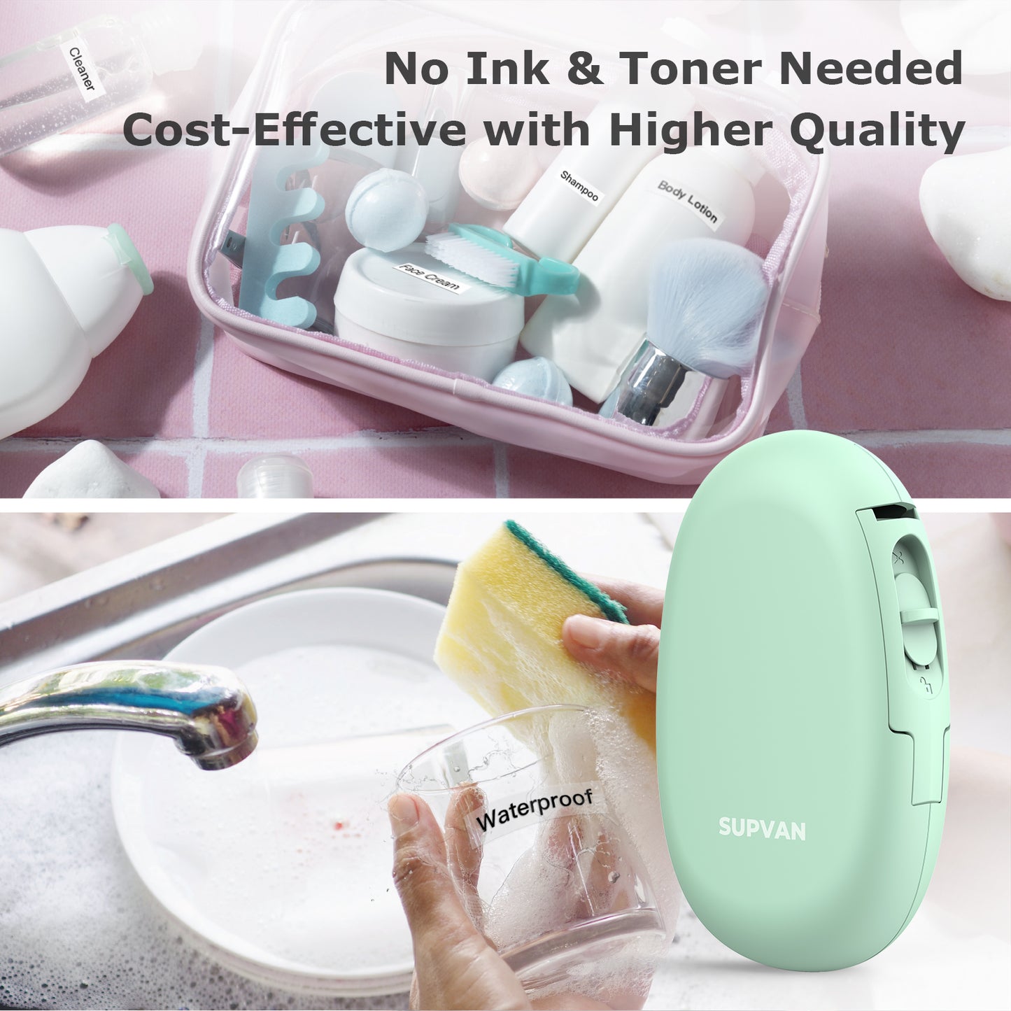 SUPVAN E10 Bluetooth Label Maker with 3 Tapes & Carrying Case, Green | Fits Continuous & Die-Cut Waterproof Label, Easy App Editing, Rechargeable, Inkless, for School, Home, Kitchen, Office