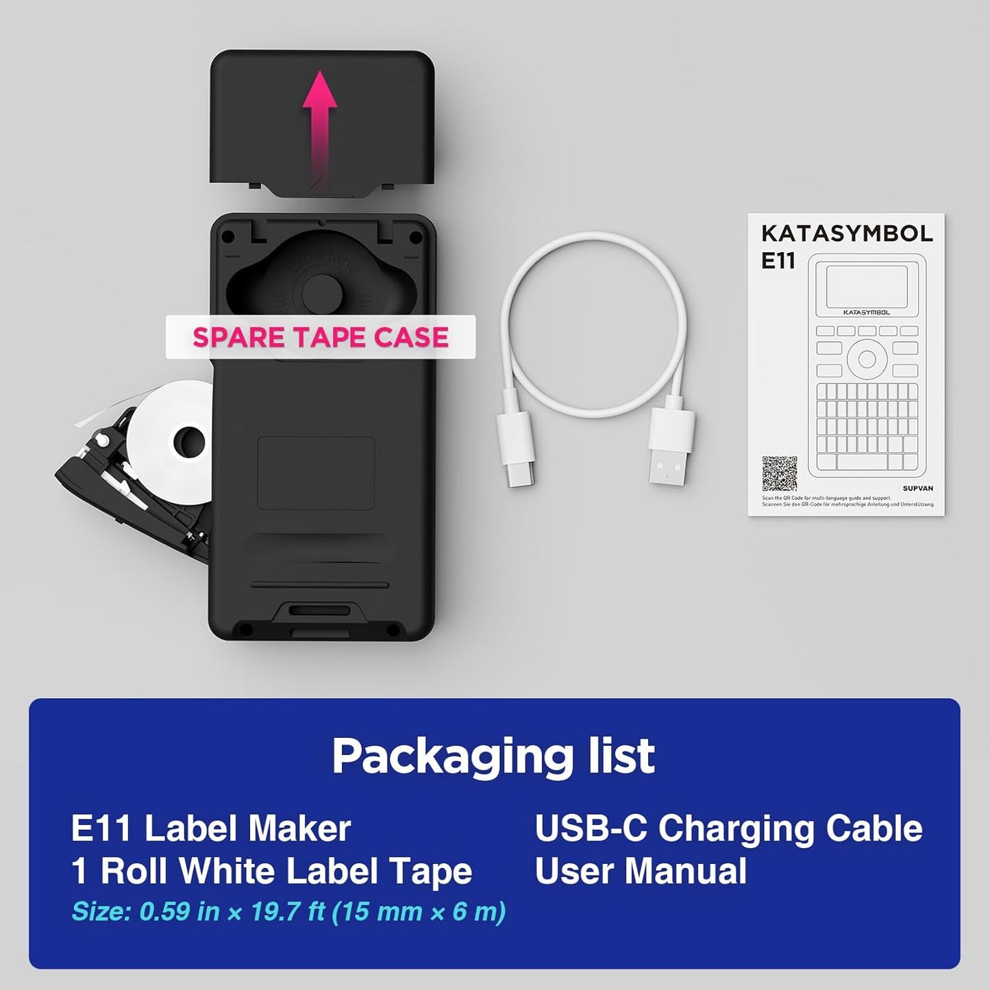 SUPVAN E11 Bluetooth Label Maker Machine with Tape, Support Keyboard & App with 30+ Fonts and 660+ Icons, Rechargeable Inkless Labeler for Home, Kitchen, Office, School, Organization, Black