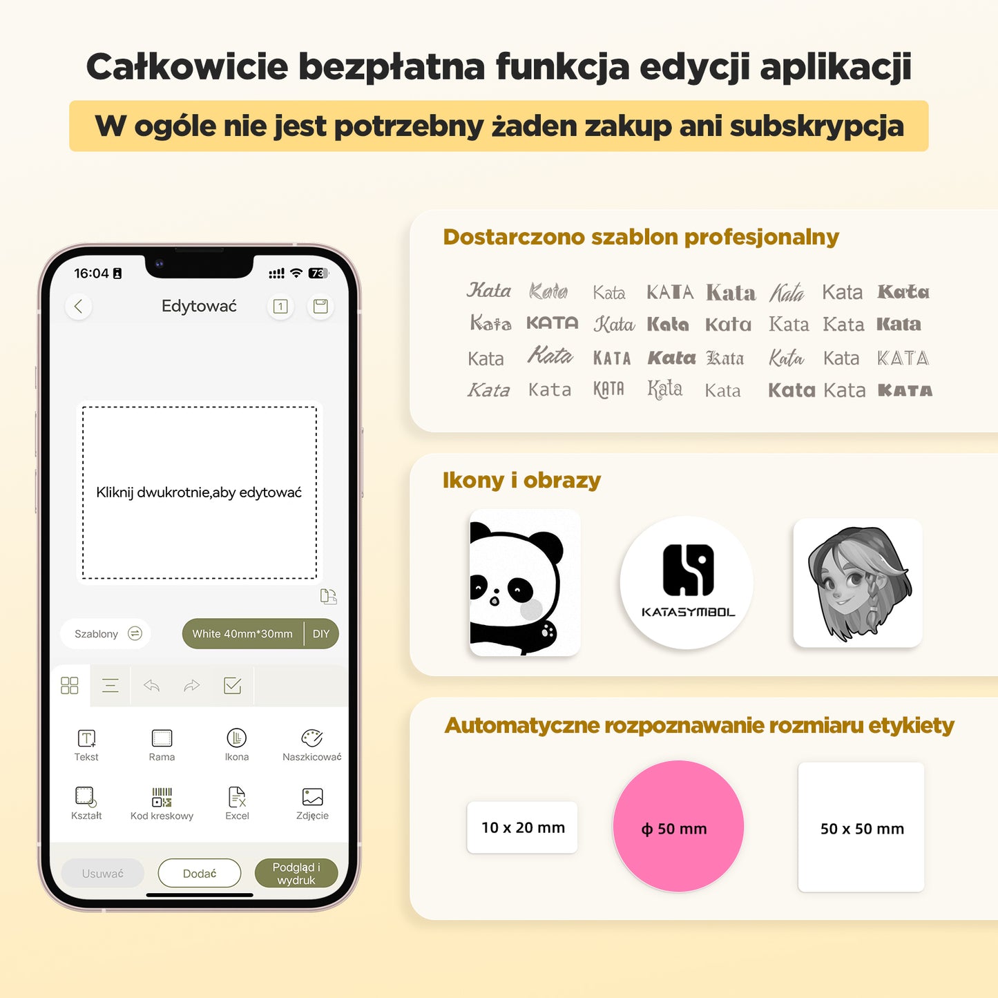 SUPVAN T50M Pro drukarka etykiet, samoprzylepna drukarka etykiet z 1 rolką wodoodpornych etykiet, termiczna drukarka etykiet samoprzylepnych, inteligentna aplikacja 34+ czcionki 450+ ikony