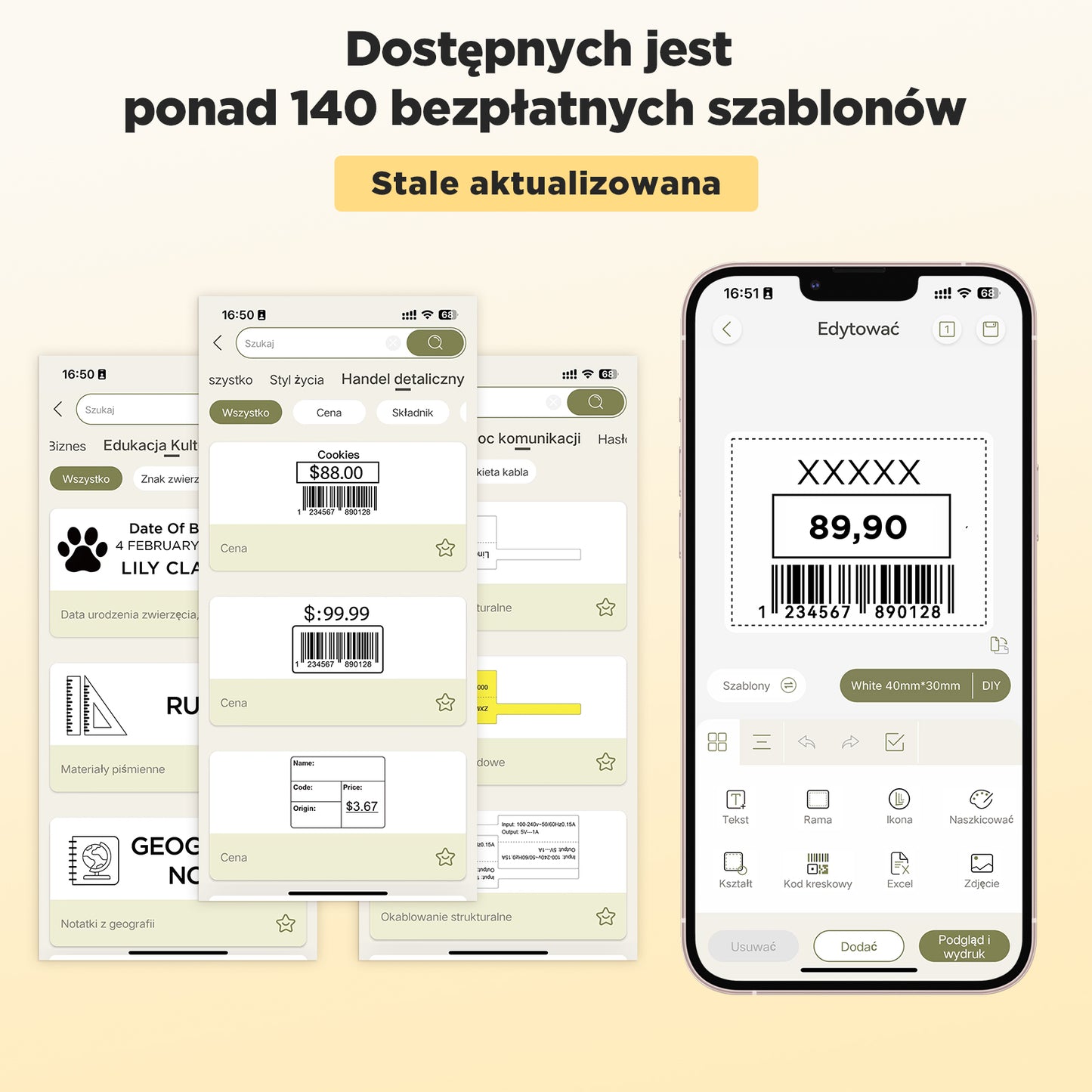SUPVAN T50M Pro drukarka etykiet, samoprzylepna drukarka etykiet z 1 rolką wodoodpornych etykiet, termiczna drukarka etykiet samoprzylepnych, inteligentna aplikacja 34+ czcionki 450+ ikony