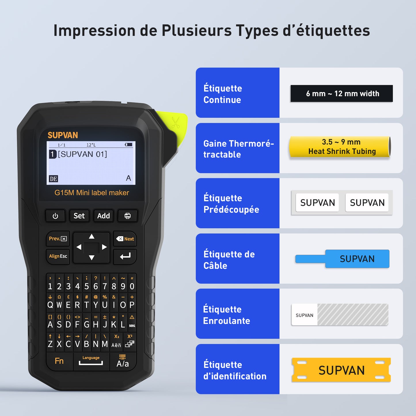 SUPVAN G15M Mini Étiqueteuse Industrielle Portable Rechargeable, inclut Étiquettes Autocollantes Blanches, Résistante aux UV, pour l'extérieur, l'industrie, l'électricien et l'usine