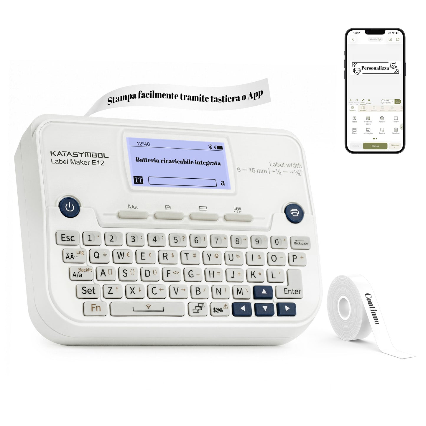 SUPVAN E12 Etichettatrice Tastiera e Bluetooth con Nastro, Bianco