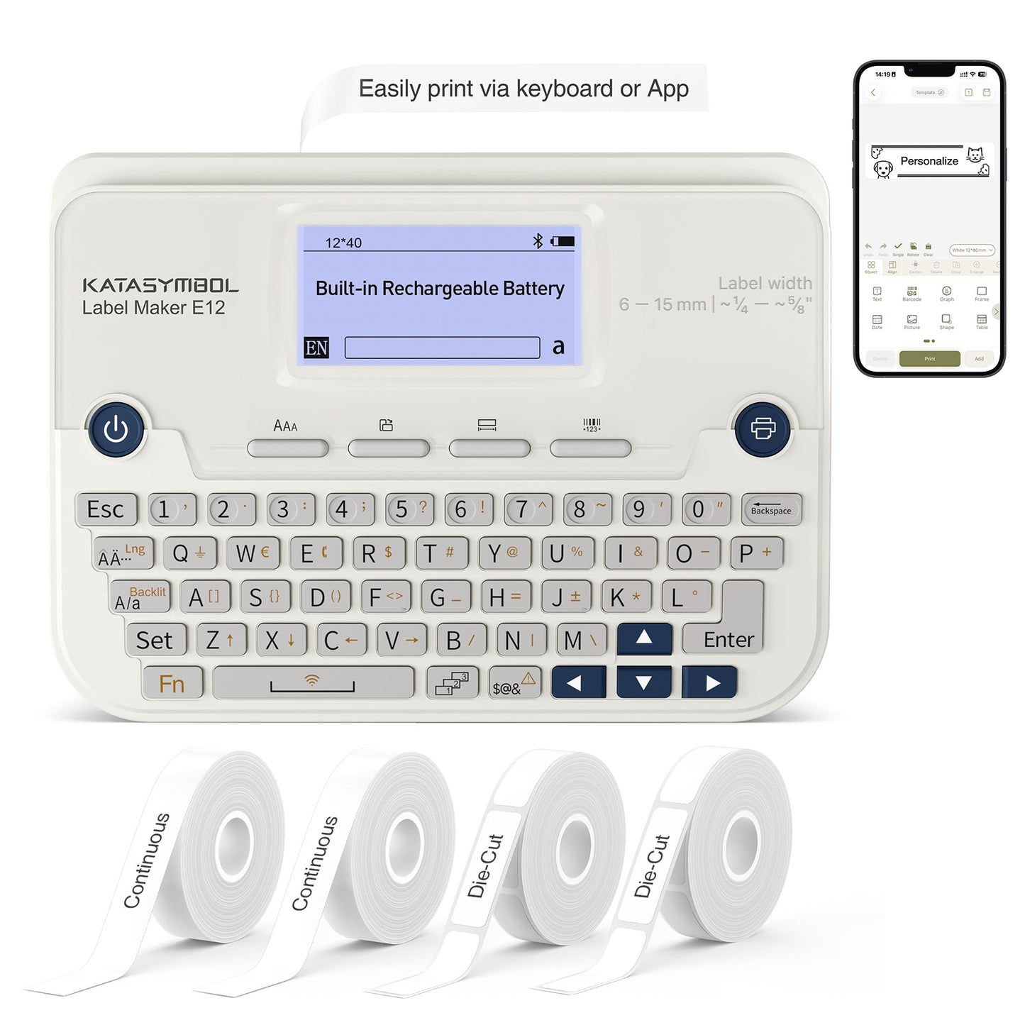 SUPVAN E12 Bluetooth Label Maker Machine with 4 Tapes, Support Keyboard & App with 30+ Fonts and 660+ Icons, Rechargeable Inkless Labeler for Office, Home, Kitchen, School, Organization, White