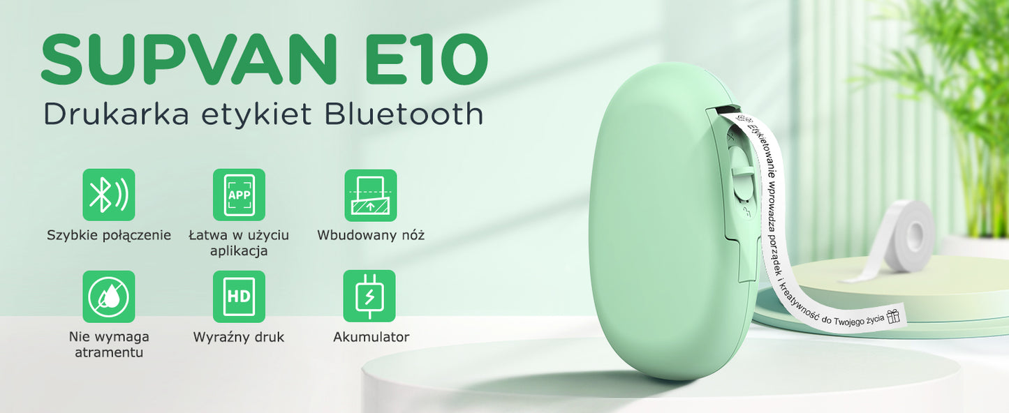 SUPVAN Drukarka Etykiet Bluetooth E10, Samoprzylepna Drukarka Etykiet, Drukarka Termiczna kompatybilna z systemem iOS Android, do domu, biura i małych firm, Zielony