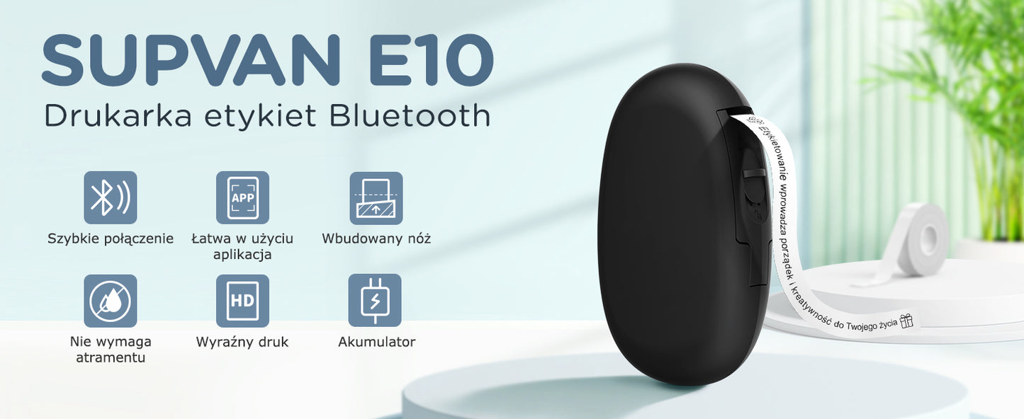 SUPVAN Drukarka Etykiet Bluetooth E10, Samoprzylepna Drukarka Etykiet, Drukarka Termiczna kompatybilna z systemem iOS Android, do domu, biura i małych firm, Czarny