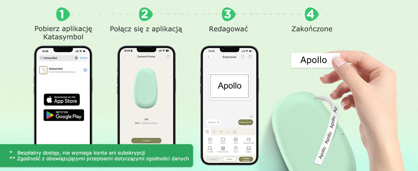 SUPVAN Drukarka Etykiet Bluetooth E10, Samoprzylepna Drukarka Etykiet, Drukarka Termiczna kompatybilna z systemem iOS Android, do domu, biura i małych firm, Zielony