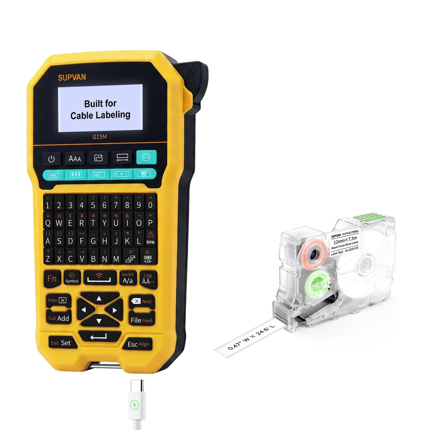 SUPVAN G15M Keyboard & Bluetooth Label Maker Machine with Tape | Heat Shrink & Multi-Labels, Rechargeable, Minimal Margin, 3 Cable Keys, LCD Backlit,Thermal Transfer, Industrial & Office ID