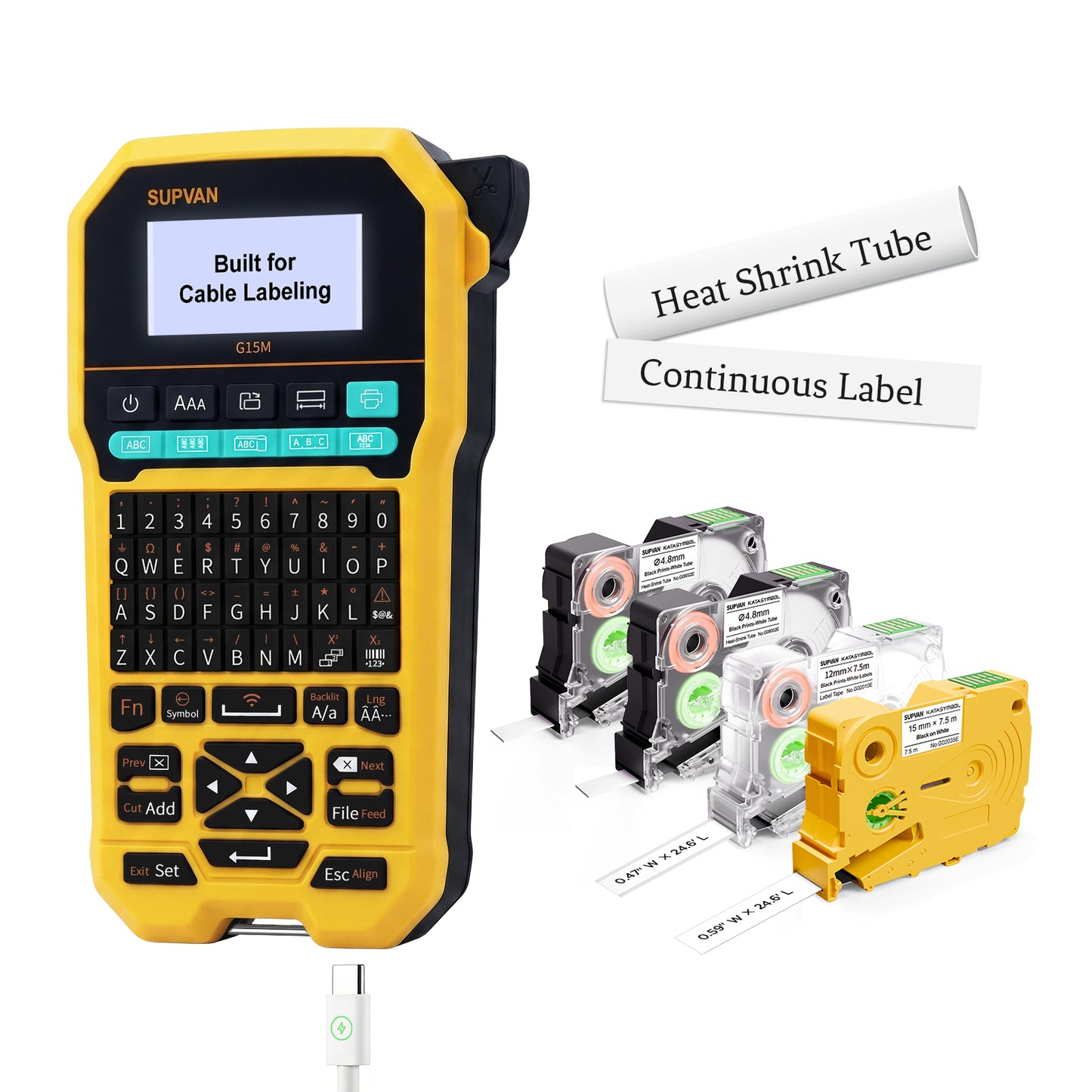SUPVAN G15M Keyboard & Bluetooth Label Maker Machine with Heat Shrink Tube | Heat Shrink & Multi-Labels, Rechargeable, Minimal Margin, 3 Cable Keys, LCD Backlit,Thermal Transfer, Industrial & Office ID