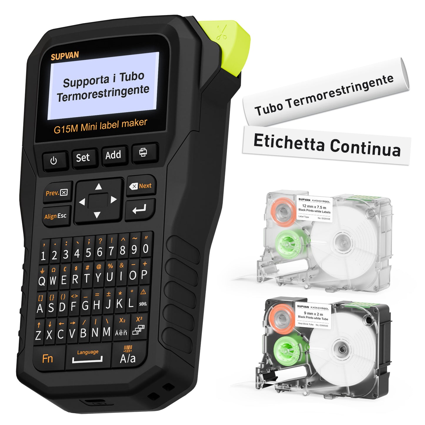 SUPVAN G15M Mini Stampante per Etichette da Tastiera con Batteria, Compatibile 6-15mm Carta/Tubi Termorestringenti, Ideale Casa-Ufficio-Industria, Include 2 Rotoli: 12mm Bianca + Tubi Termo