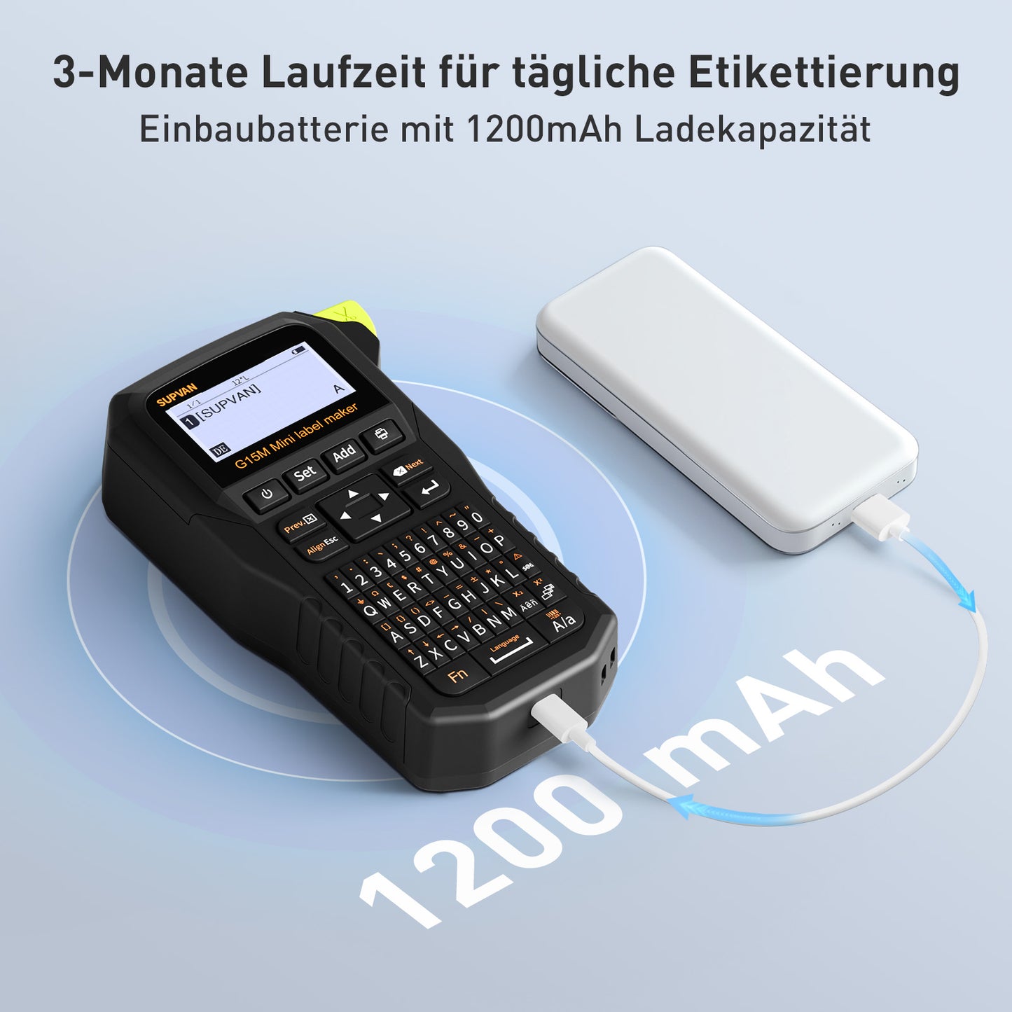 SUPVAN G15M Mini wiederaufladbarer Thermotransfer Etikettendrucker mit 1 Etiketten, Mindest 5 mm Randabstand, für Schrumpfschlauch & Kabel, perfekt für Außenbereich