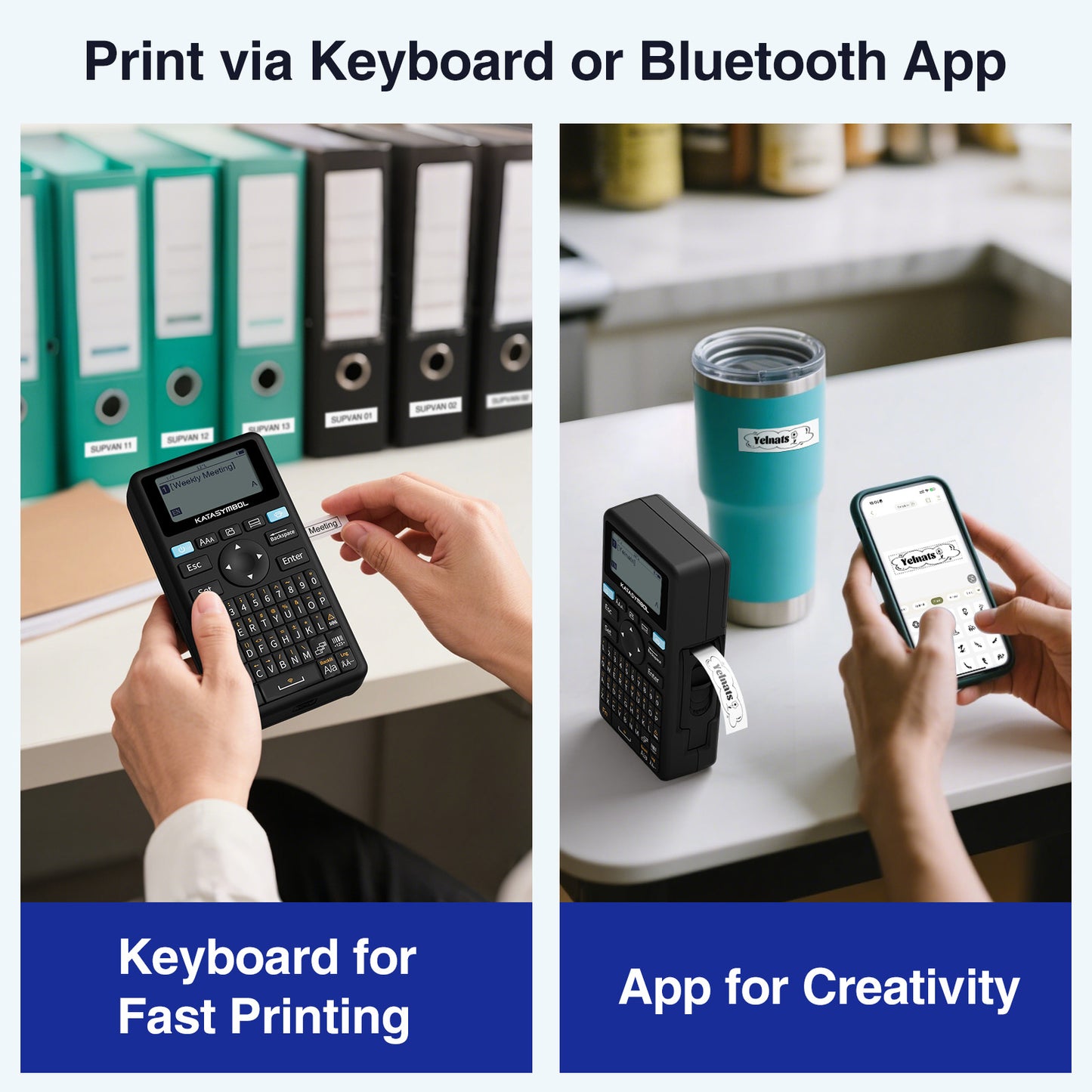 SUPVAN E11 Bluetooth Label Maker Machine, Support Keyboard & App with 30+ Fonts and 660+ Icons, Rechargeable Inkless Labeler for Home, Kitchen, Office, School, Organization, Black