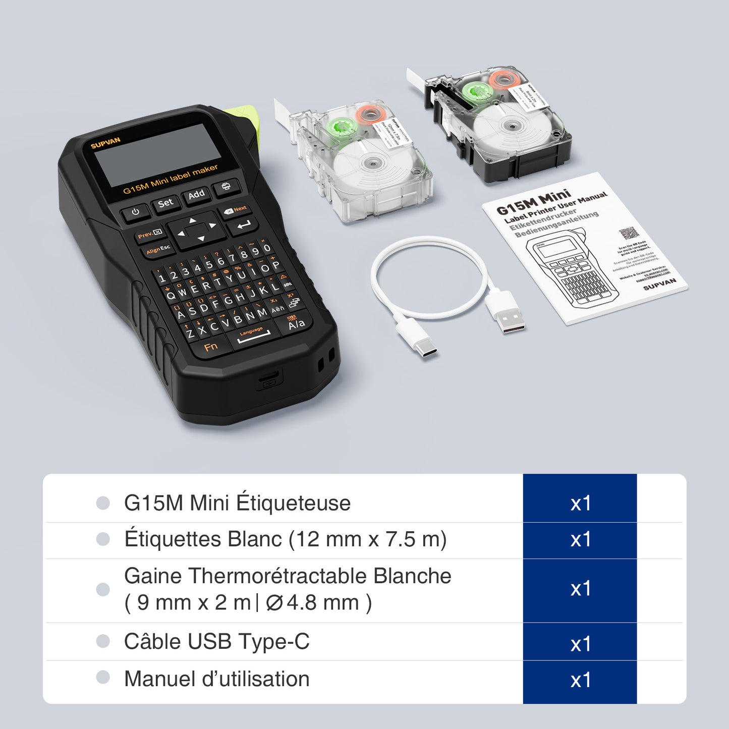 SUPVAN G15M Mini Étiqueteuse Industrielle Portable Rechargeable, inclut Étiquettes Blanches et la Gaine Thermorétractable, Résistante aux UV, pour l'extérieur, l'industrie, l'électricien et l'usine