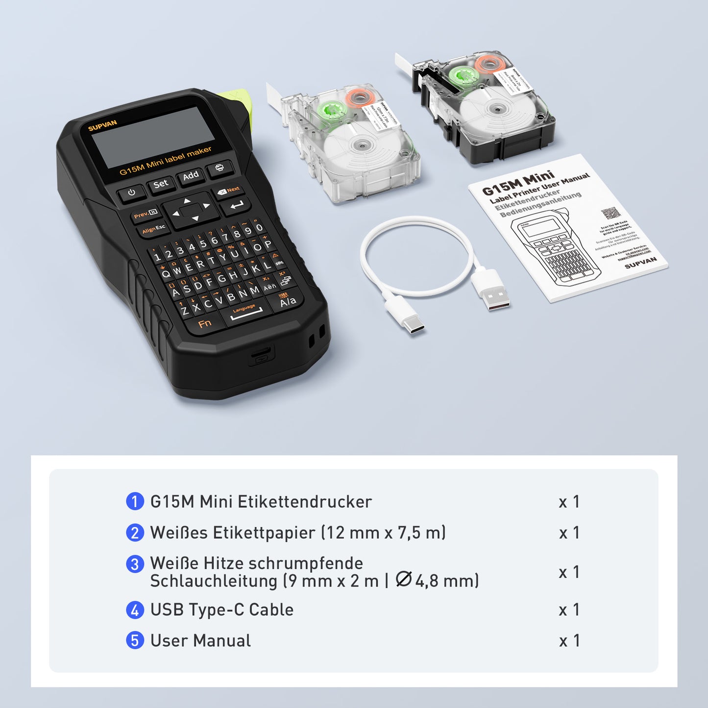 SUPVAN G15M Mini wiederaufladbarer Thermotransfer Etikettendrucker mit 2 Etiketten, Mindest 5 mm Randabstand, für Schrumpfschlauch & Kabel, perfekt für Außenbereich