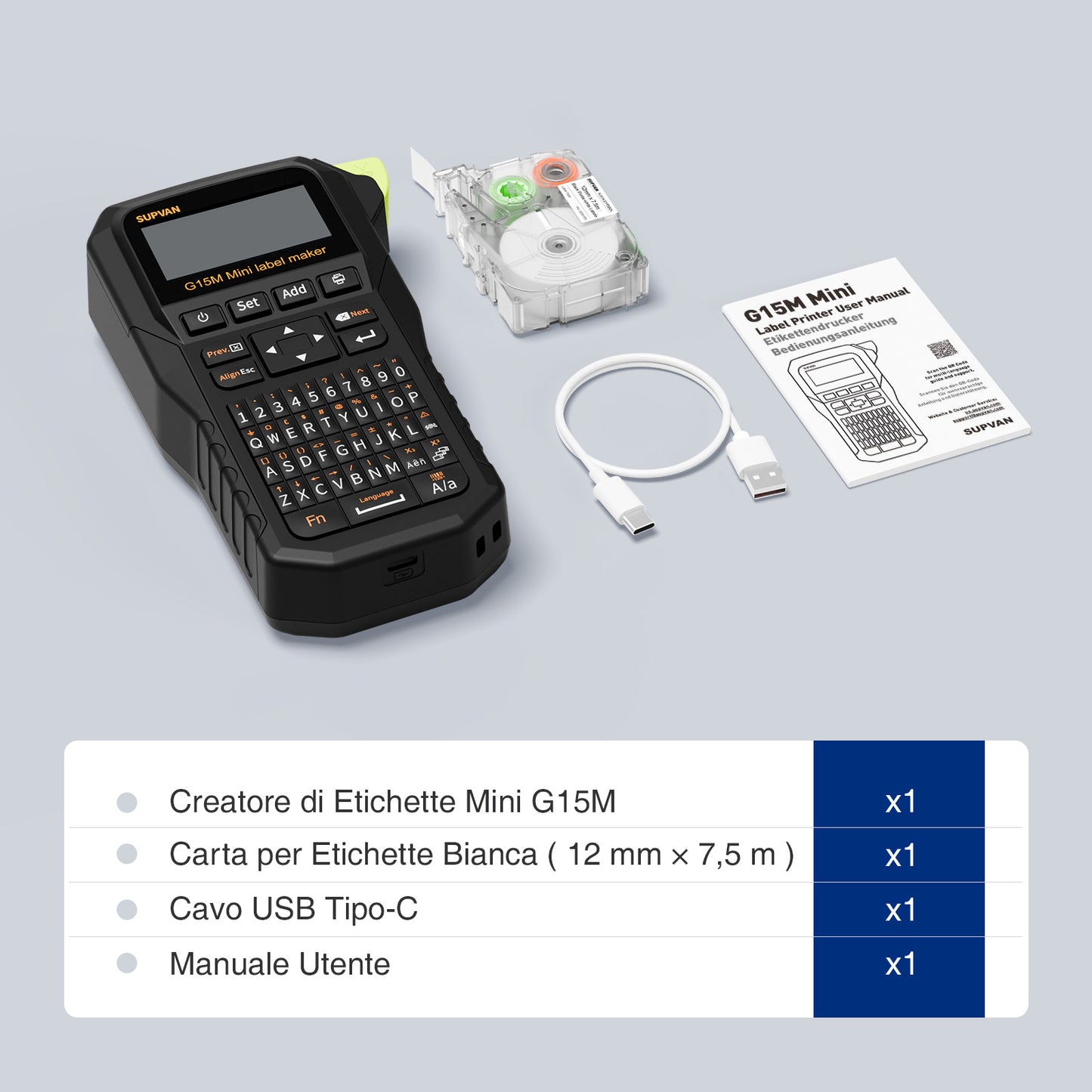 SUPVAN G15M Mini Stampante per Etichette da Tastiera Portatile, Compatibile con Carta 6-15mm/Tubi Termorestringenti/Etichette per Cavi, Batteria Ricaricabile, Ideale per Casa/Ufficio/Industria/Esterno