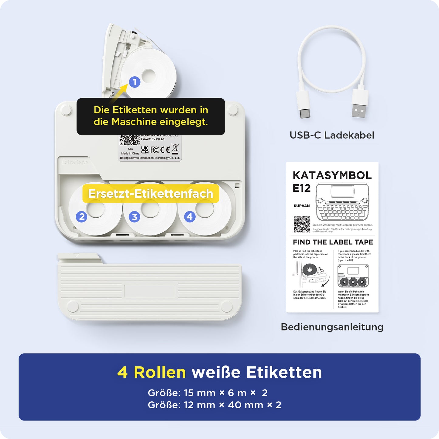 SUPVAN E12 Etikettendrucker, mit QWERTZ Tastatur und Beleuchtetem Grafikdisplay, 4 Rollen Wasserfester Etiketten Selbstklebend für Büro, Schule & Zuhause, Weiß