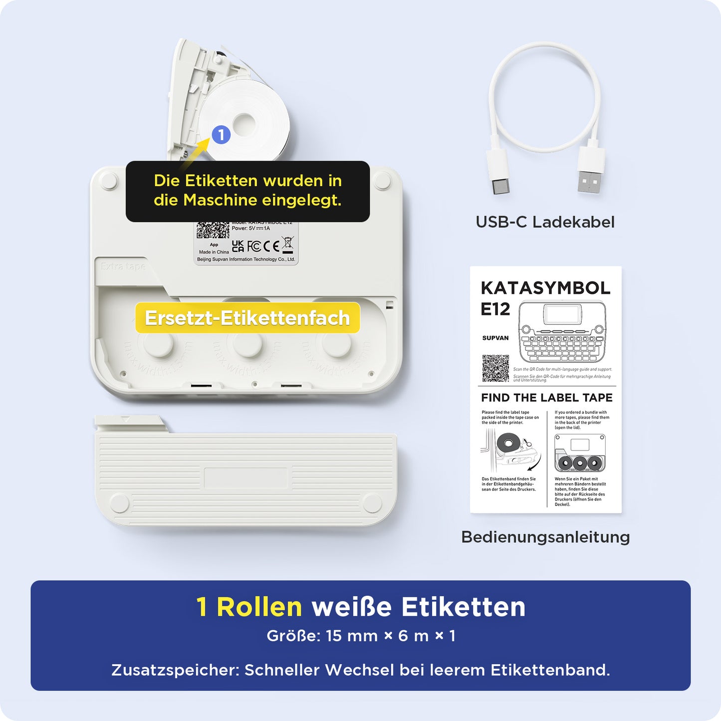 SUPVAN E12 Etikettendrucker, mit QWERTZ Tastatur und Beleuchtetem Grafikdisplay, 1 Rolle Wasserfester Etiketten Selbstklebend für Büro, Schule & Zuhause, Weiß