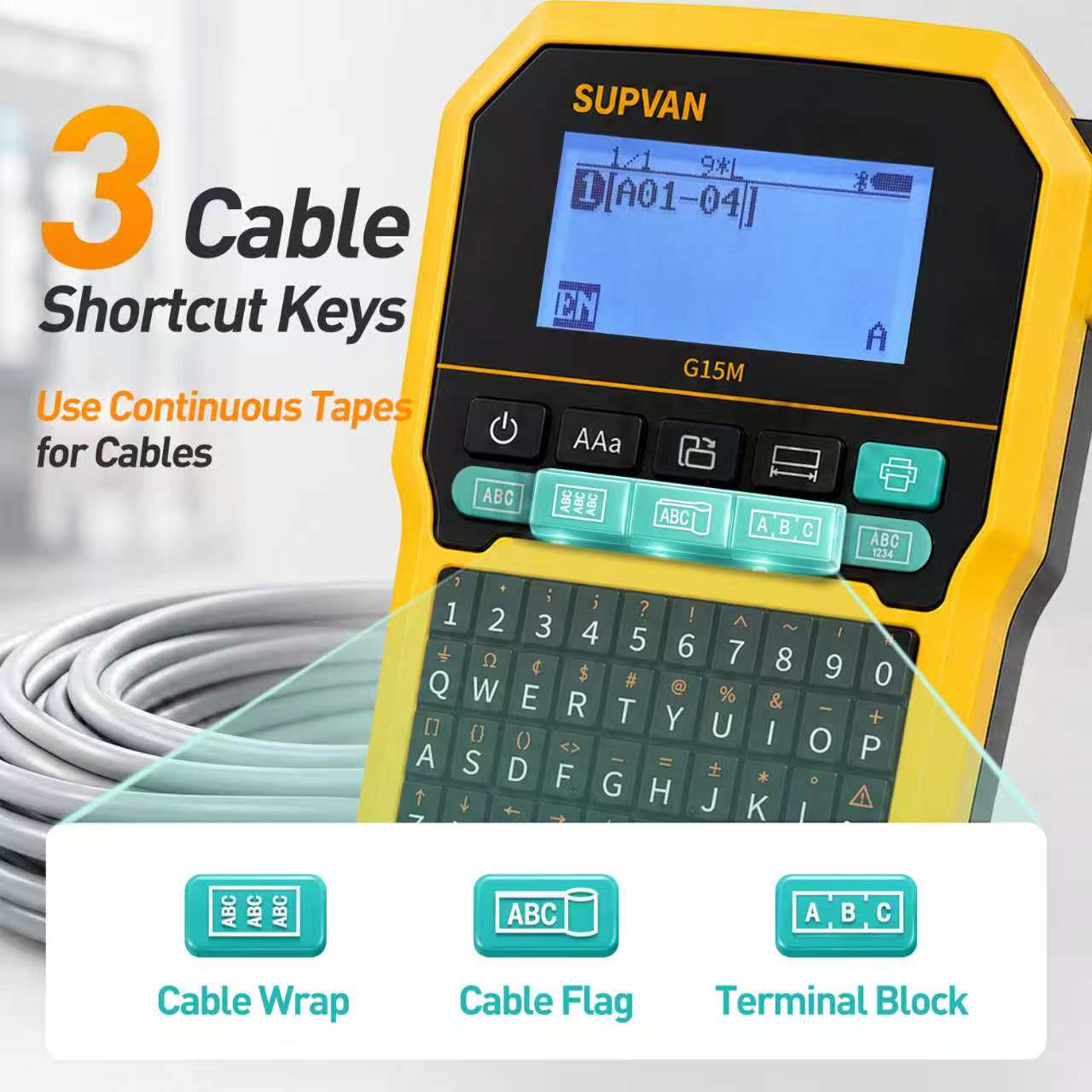 SUPVAN G15M Keyboard & Bluetooth Label Maker Machine with Tape | Heat Shrink & Multi-Labels, Rechargeable, Minimal Margin, 3 Cable Keys, LCD Backlit,Thermal Transfer, Industrial & Office ID