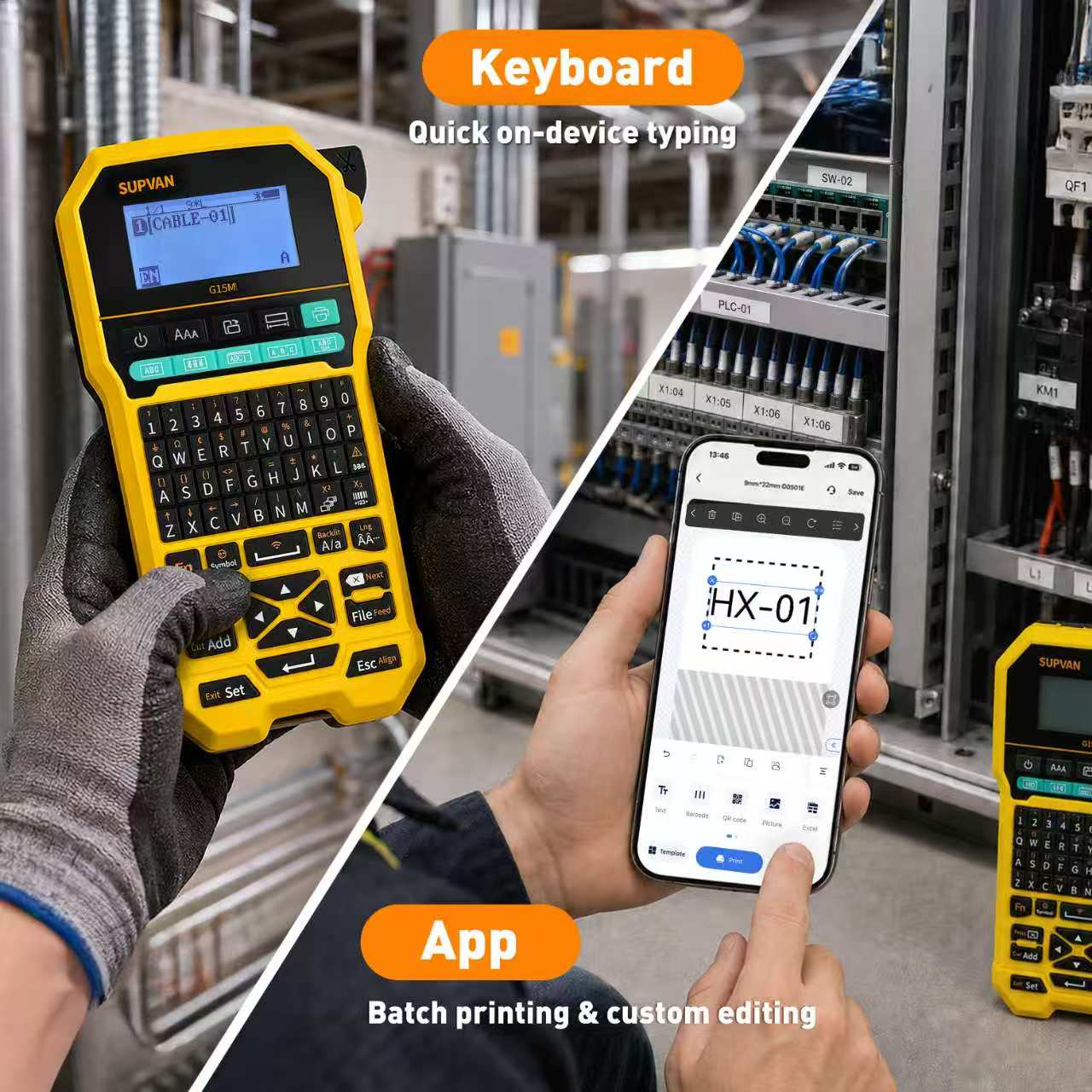 SUPVAN G15M Keyboard & Bluetooth Label Maker Machine with Tape | Heat Shrink & Multi-Labels, Rechargeable, Minimal Margin, 3 Cable Keys, LCD Backlit,Thermal Transfer, Industrial & Office ID