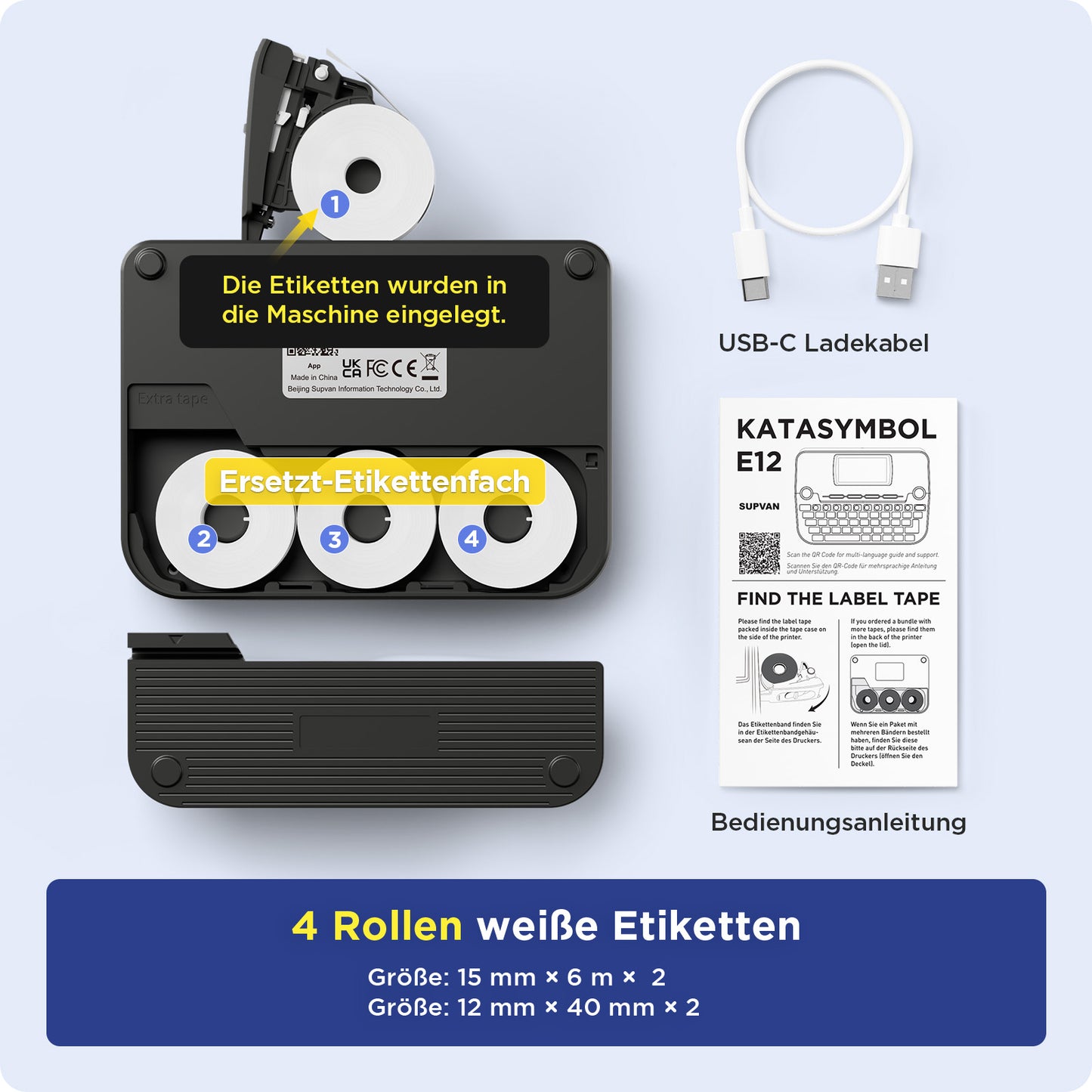 SUPVAN E12 Etikettendrucker, mit QWERTZ Tastatur und Beleuchtetem Grafikdisplay, 4 Rollen Wasserfester Etiketten Selbstklebend für Büro, Schule & Zuhause, Schwarz
