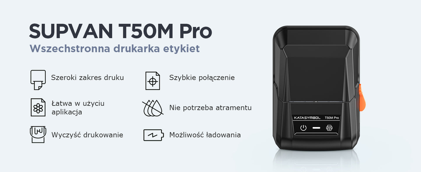 SUPVAN T50M Pro drukarka etykiet, samoprzylepna drukarka etykiet z 1 rolką wodoodpornych etykiet, termiczna drukarka etykiet samoprzylepnych, inteligentna aplikacja 34+ czcionki 450+ ikony
