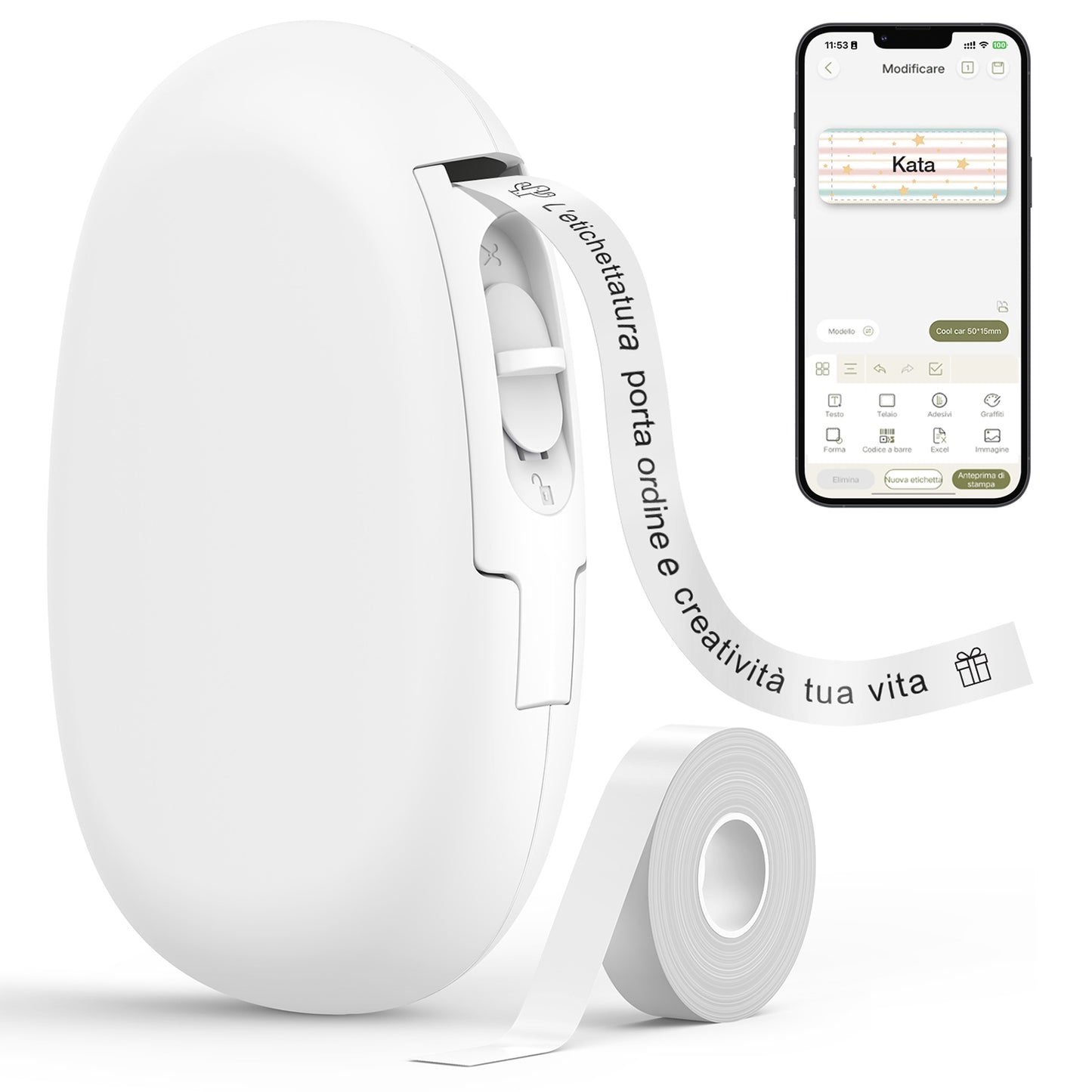 SUPVAN E10 Mini Etichettatrice Bluetooth, Etichette Adesive Impermeabili, App con 40+ Caratteri e 600+ Icone, Stampante Etichette Adesive per Casa, Cucina, Scuola, Ufficio, Bianco