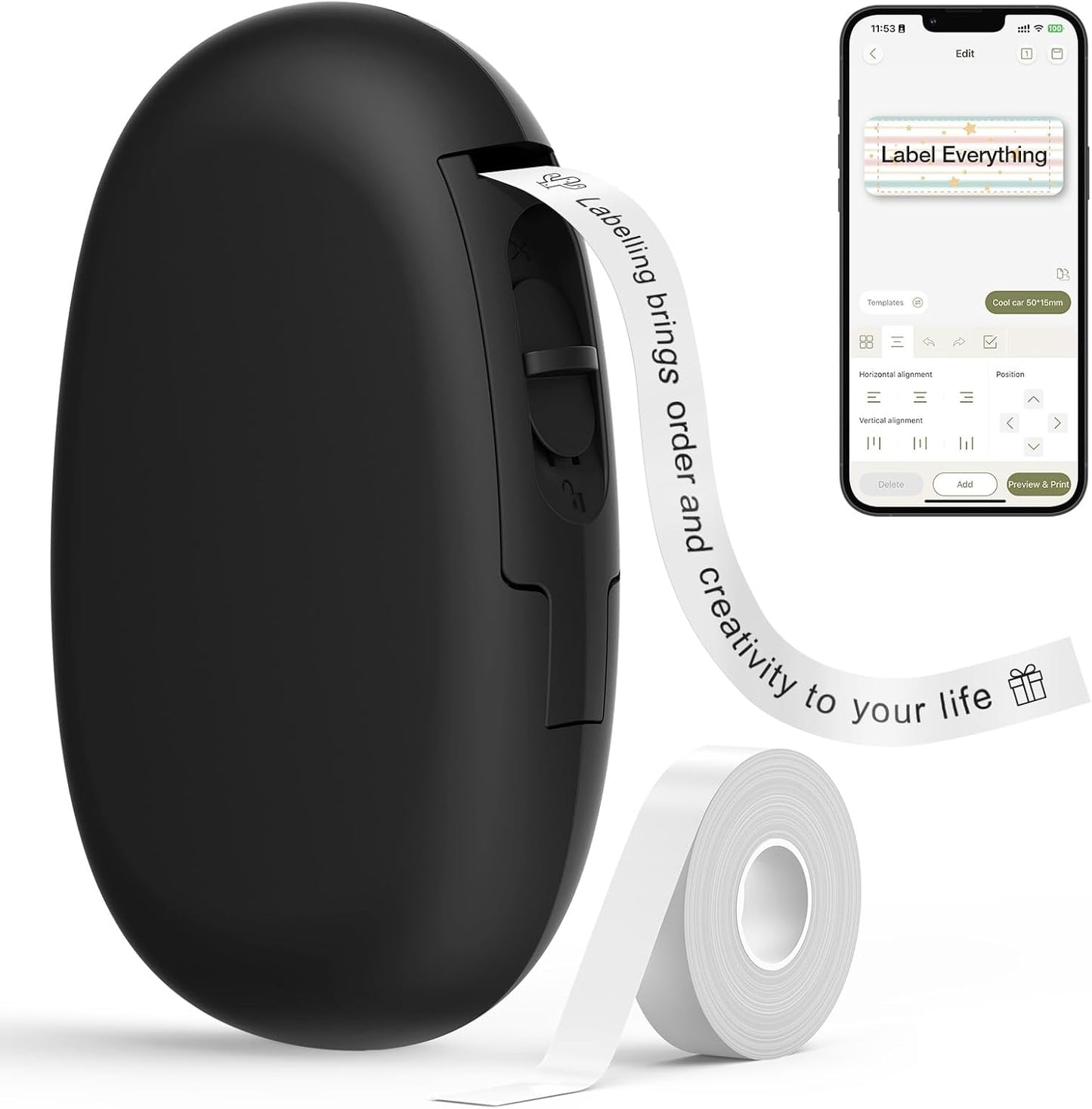 SUPVAN E10 Bluetooth Label Maker Machine with Tape, Continuous Waterproof Label, Versatile App with 30+ Fonts and 660+ Icons, Inkless Labeler for Home, Kitchen, School, Office Organization, Black