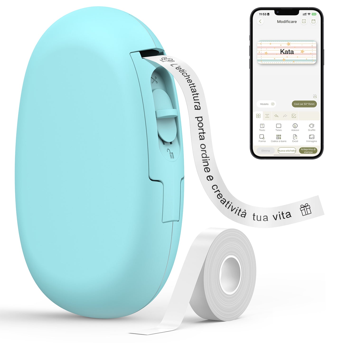 SUPVAN E10 Mini Etichettatrice Bluetooth, Etichette Adesive Impermeabili, App con 40+ Caratteri e 600+ Icone, Stampante Etichette Adesive per Casa, Cucina, Scuola, Ufficio, Verde Acqua