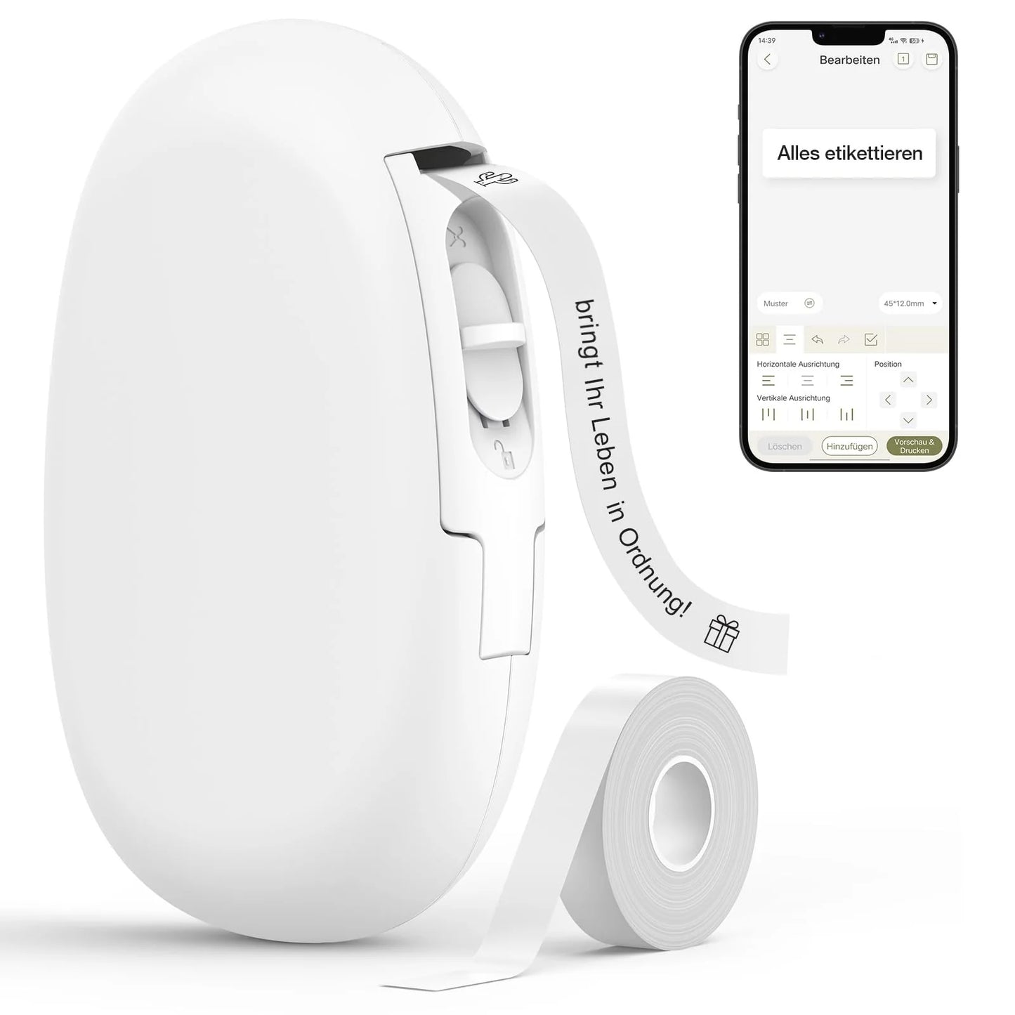 SUPVAN E10 Etikettendrucker mit wasserdichte Etiketten selbstklebend (15 mm x 6 m), tragbares Etikettiergerät Bluetooth geeignet für das Home-School-Büro, weiß