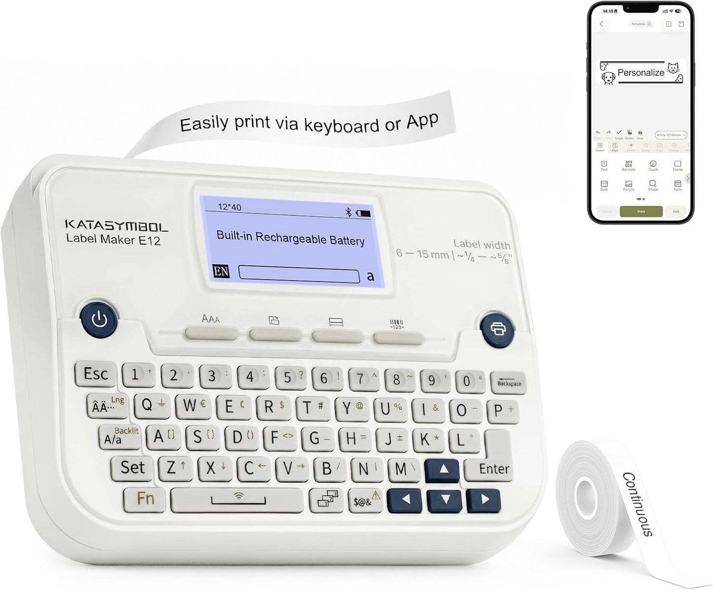 SUPVAN E12 Bluetooth Label Maker Machine with 4 Tapes, Support Keyboard & App with 30+ Fonts and 660+ Icons, Rechargeable Inkless Labeler for Office, Home, Kitchen, School, Organization, White