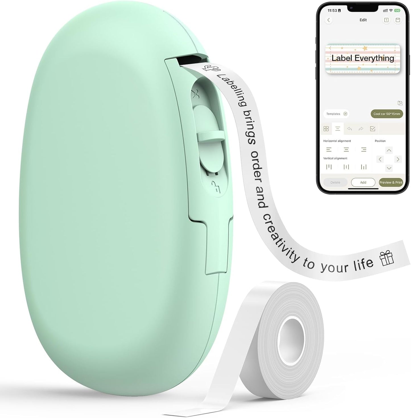 SUPVAN E10 Bluetooth Label Maker Machine with Tape, Continuous Waterproof Label, Versatile App with 30+ Fonts and 660+ Icons, Label Printer for Home, Kitchen, School, Office Organization, Green
